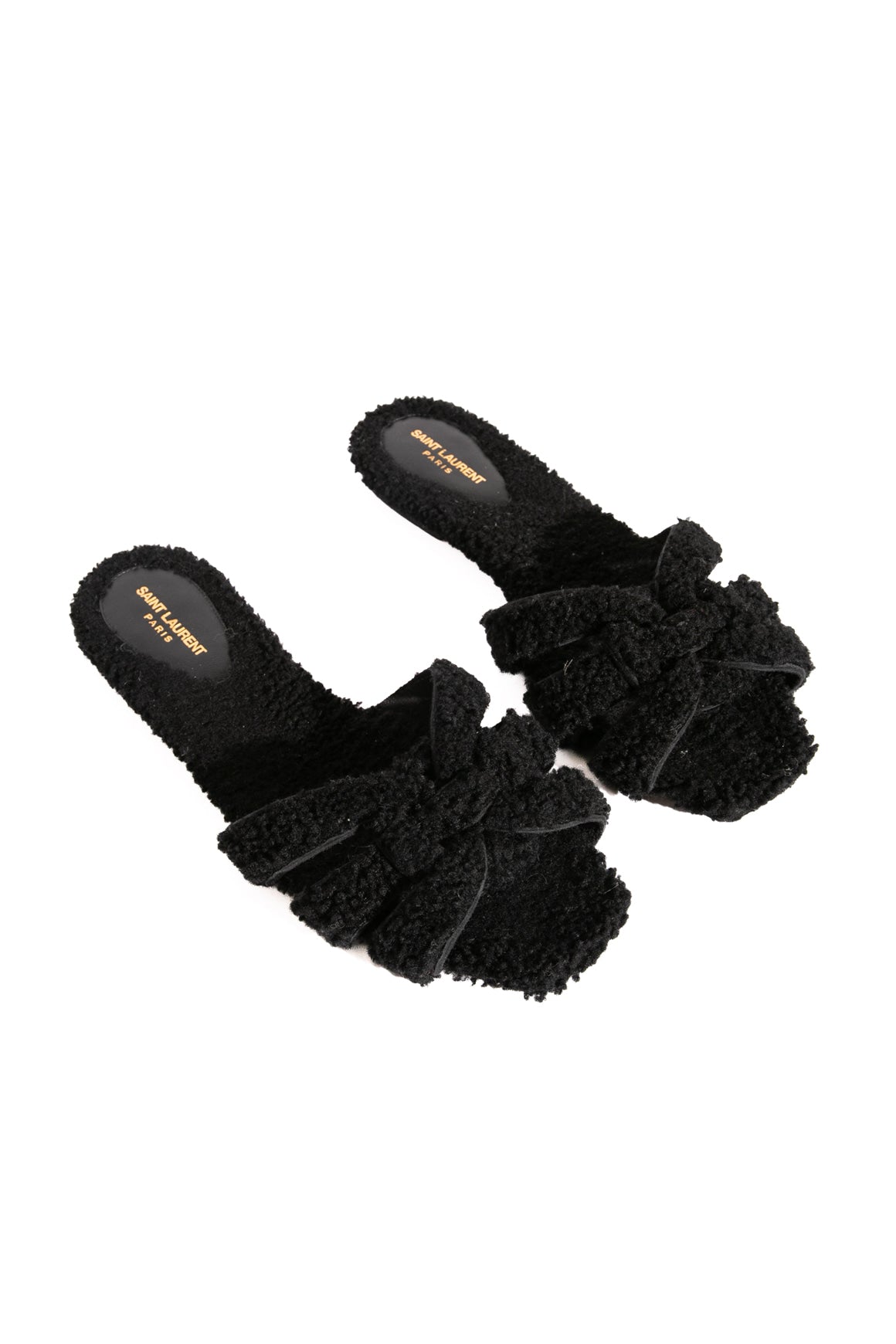 SAINT LAURENT Black Shearling Tribute Slides (Sz. 38.5)