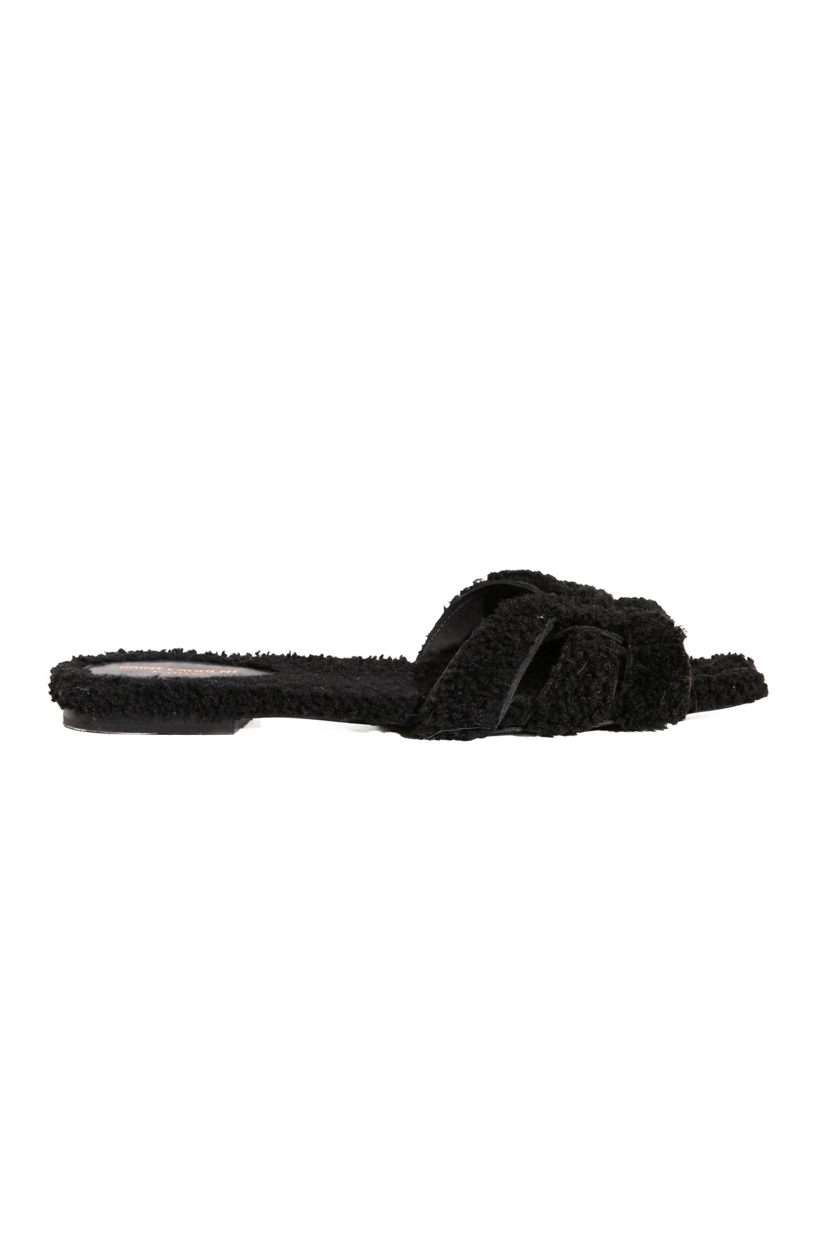 SAINT LAURENT Black Shearling Tribute Slides (Sz. 38.5)