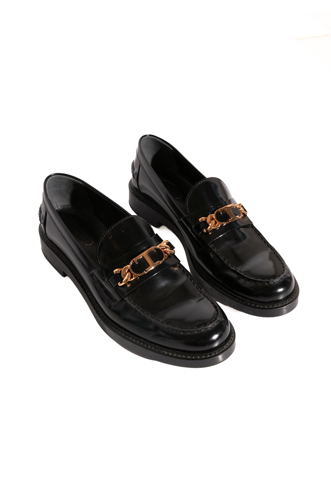 TOD'S Black Patent Gold Chain Loafers (Sz. 39)