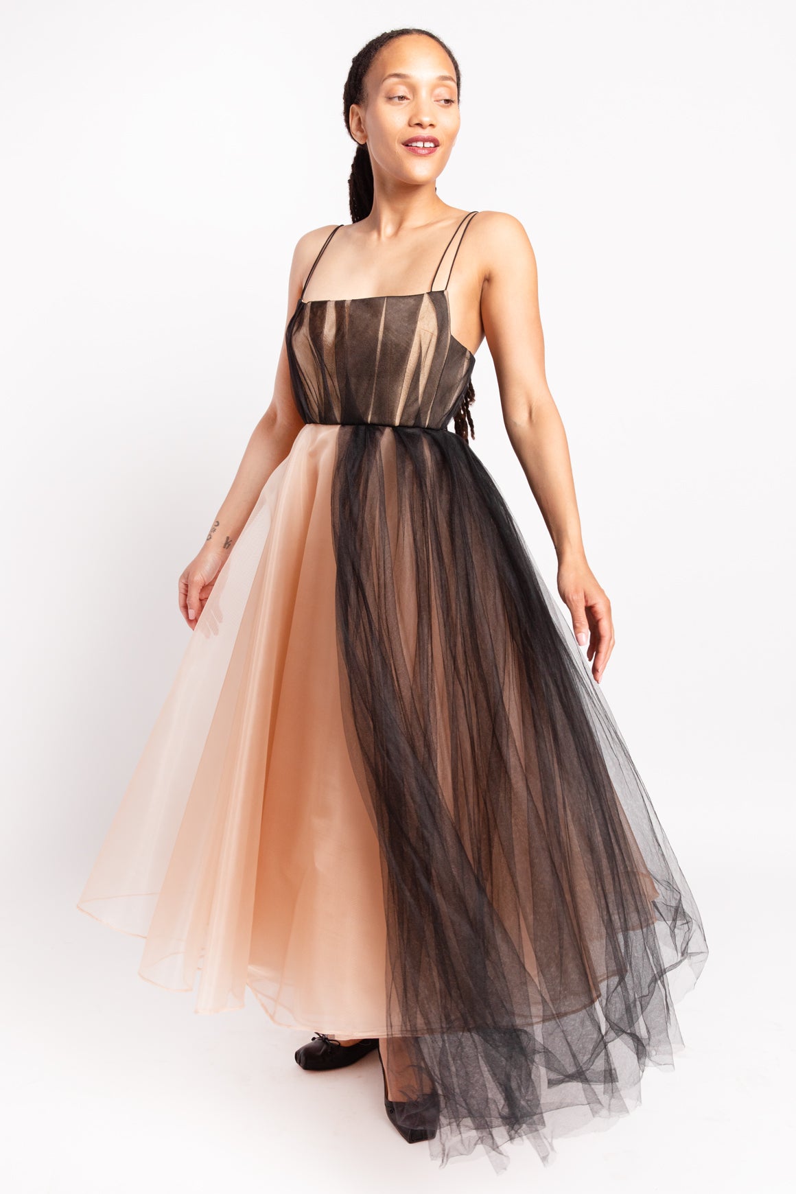 ALEX PERRY Pink & Black Crinoline Tulle Midi Gown