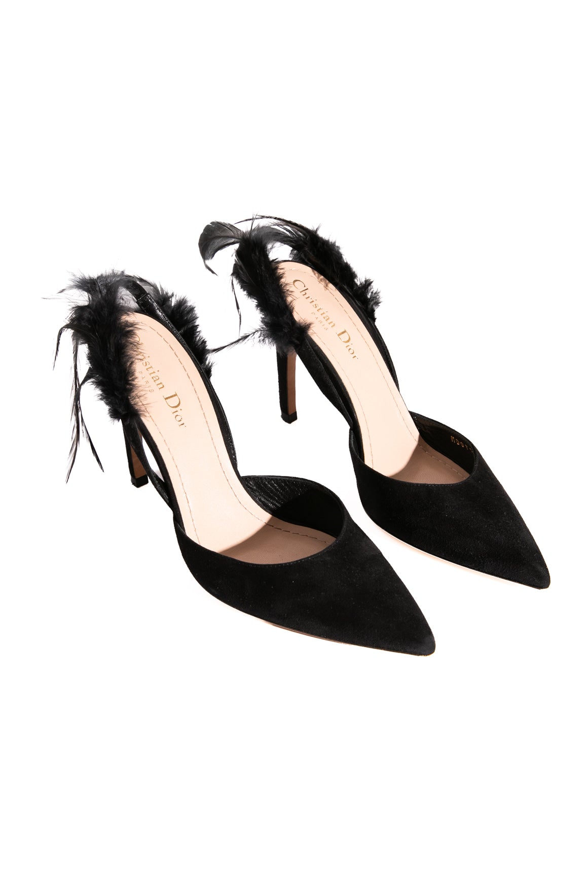 CHRISTIAN DIOR Black Suede Feather Slingbacks (Sz. 38)