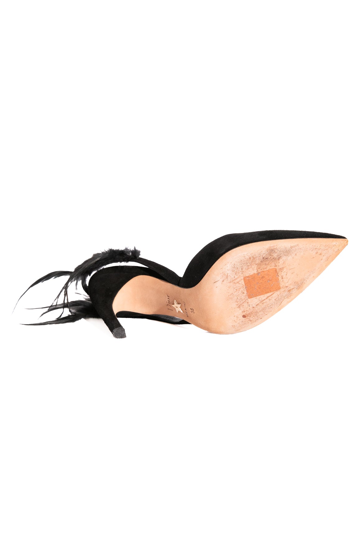 CHRISTIAN DIOR Black Suede Feather Slingbacks (Sz. 38)