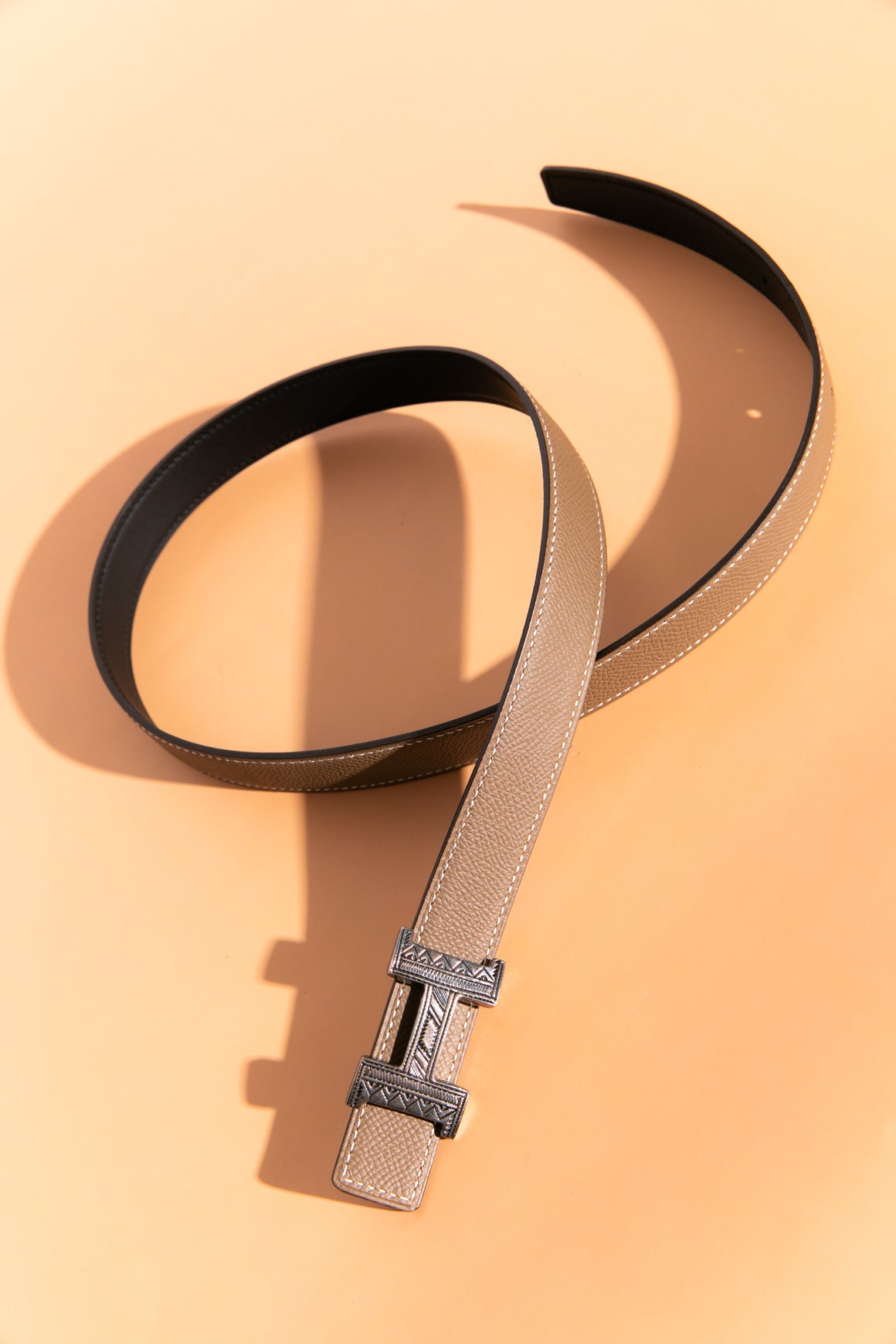 HERMES Taupe & Black Reversible Belt With Etched Buckle
