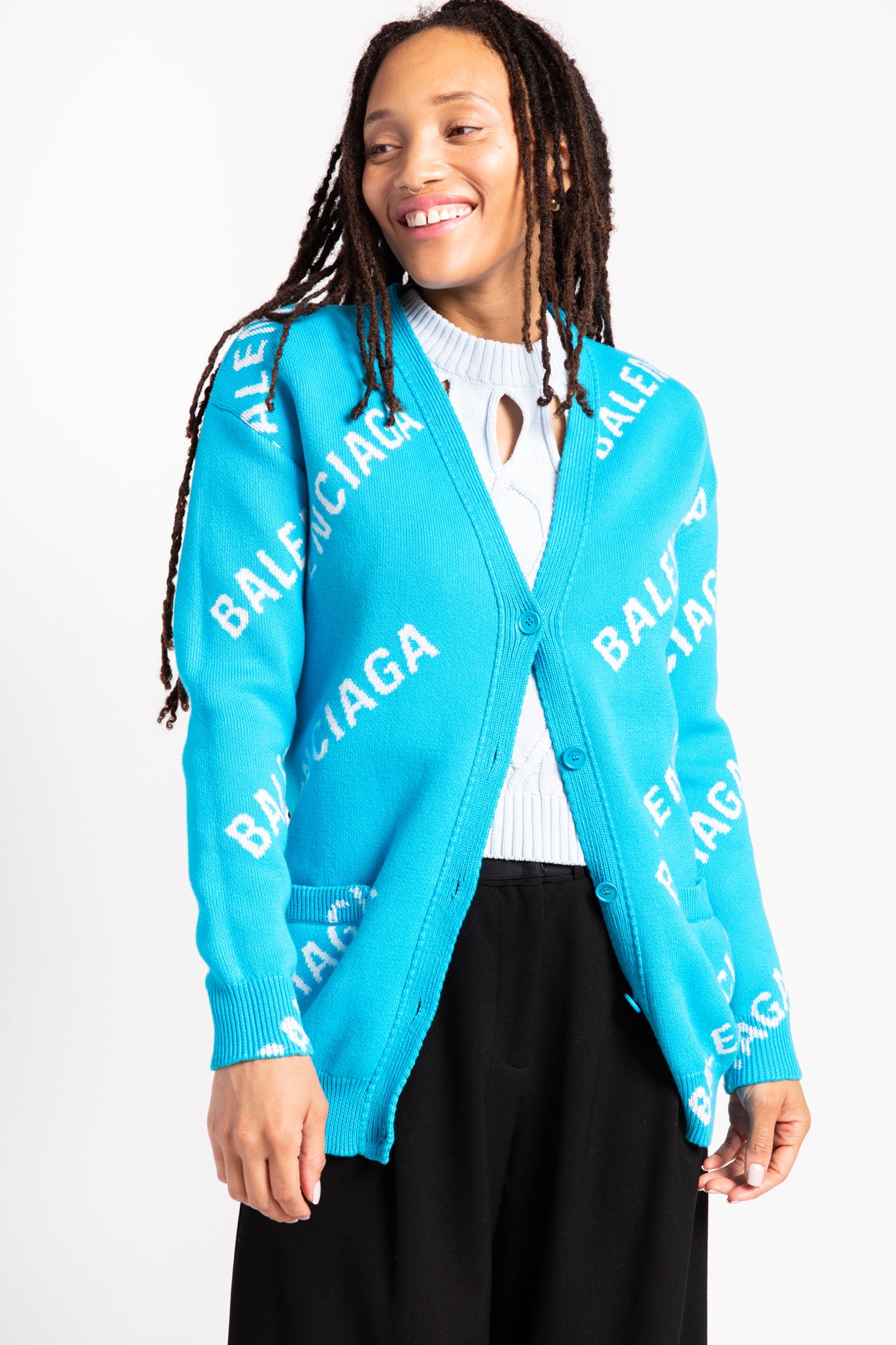 BALENCIAGA Teal Logo Printed Cardigan