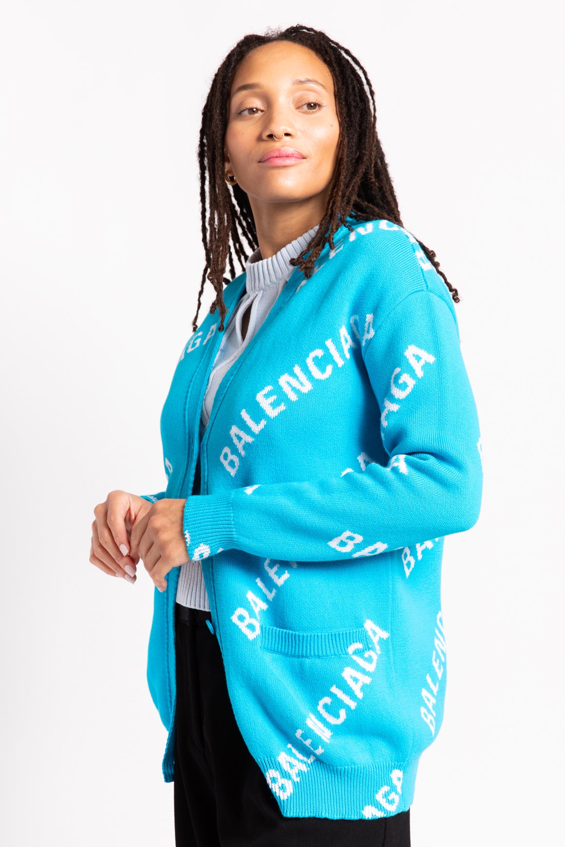 BALENCIAGA Teal Logo Printed Cardigan