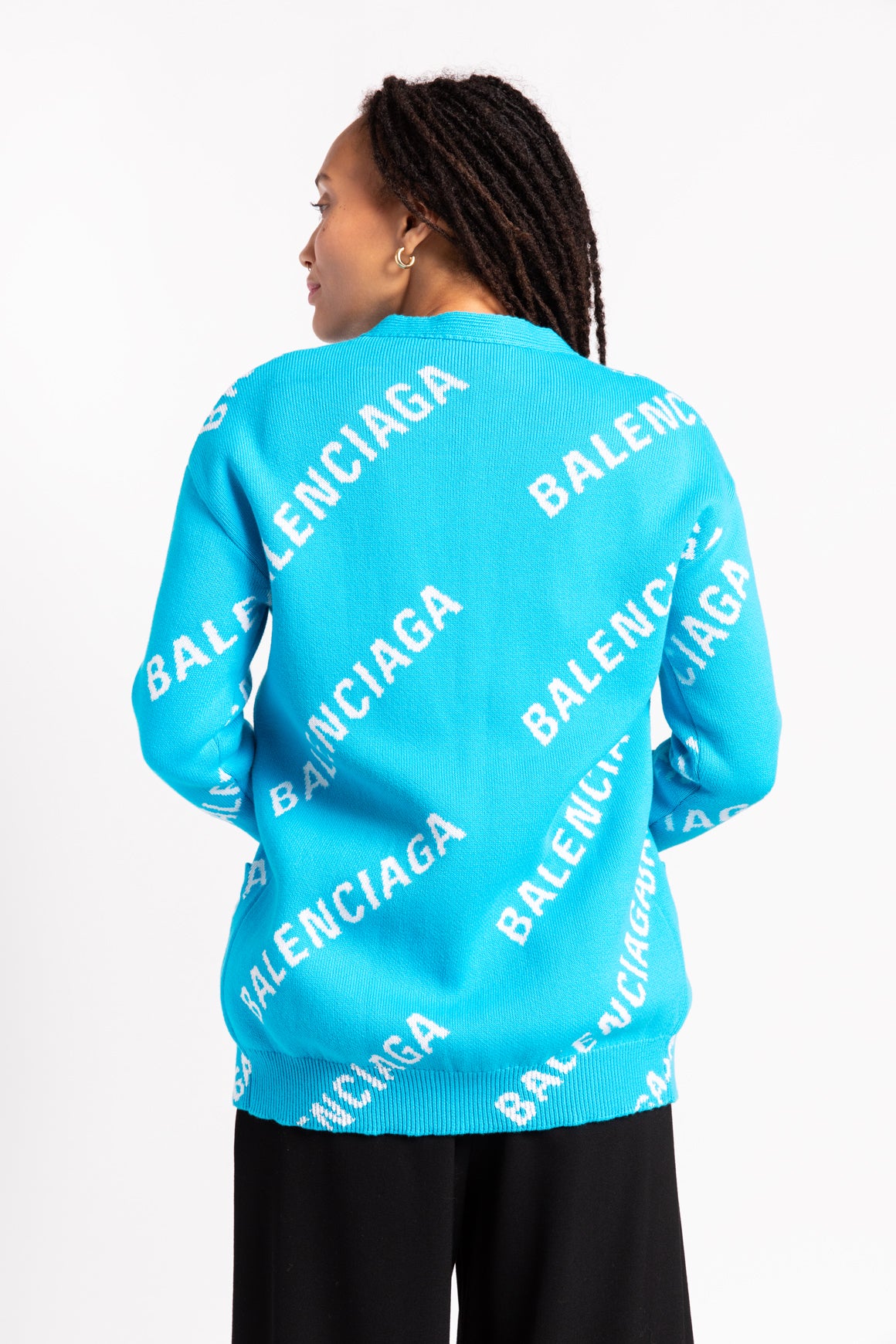 BALENCIAGA Teal Logo Printed Cardigan