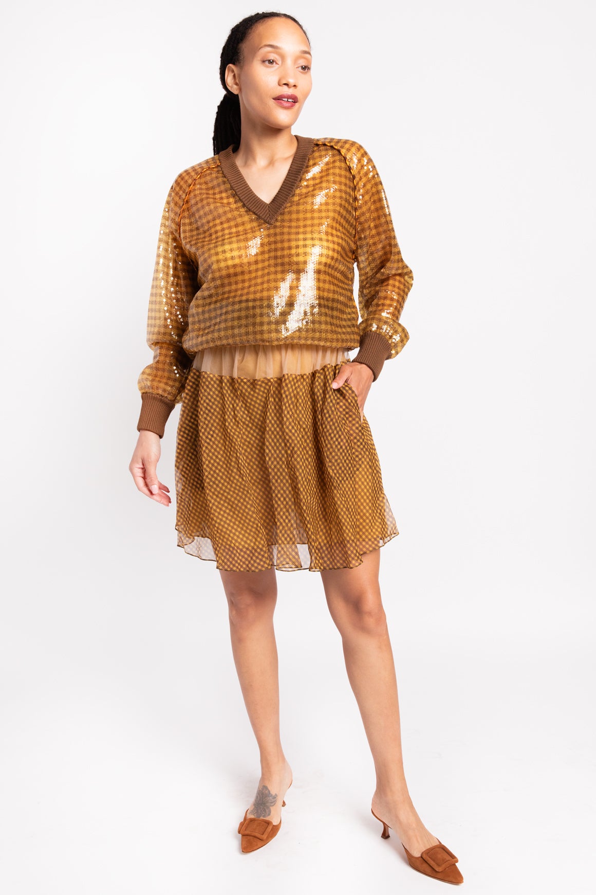 FENDI Yellow & Brown Plaid Sequin Blouse & Skirt Set