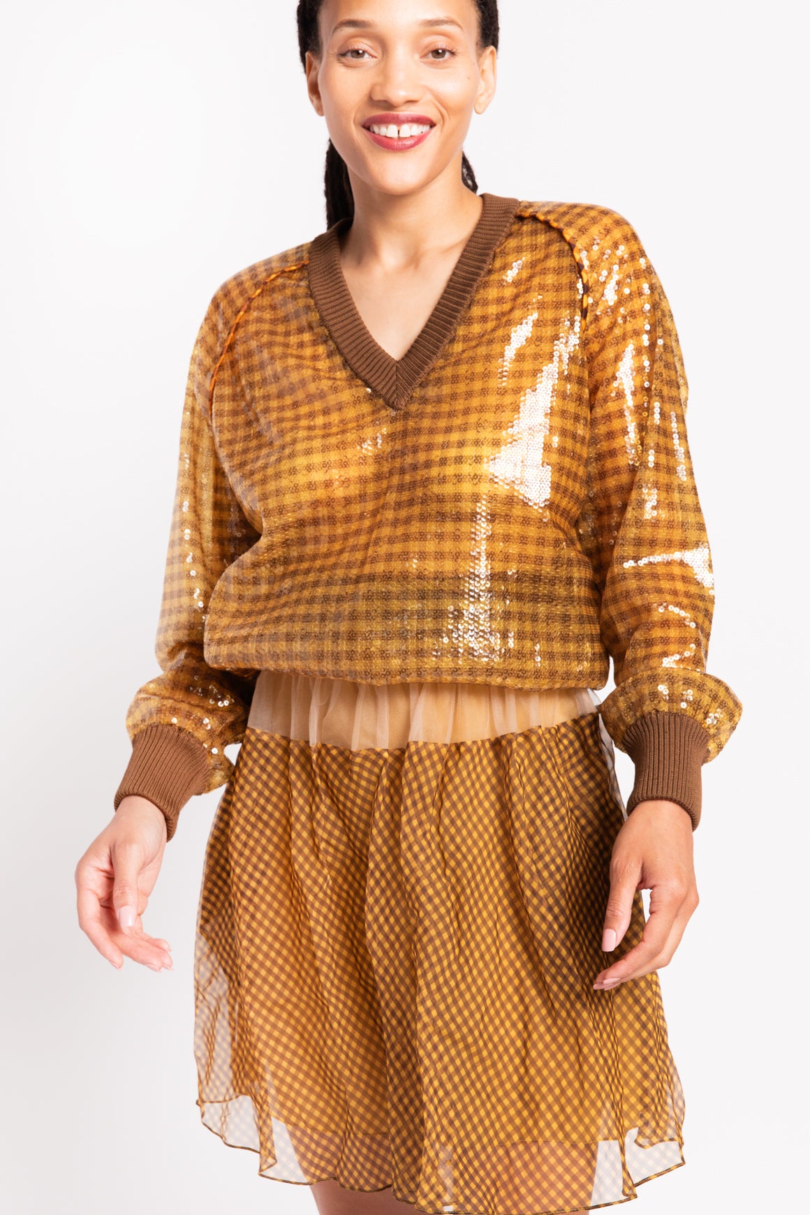 FENDI Yellow & Brown Plaid Sequin Blouse & Skirt Set