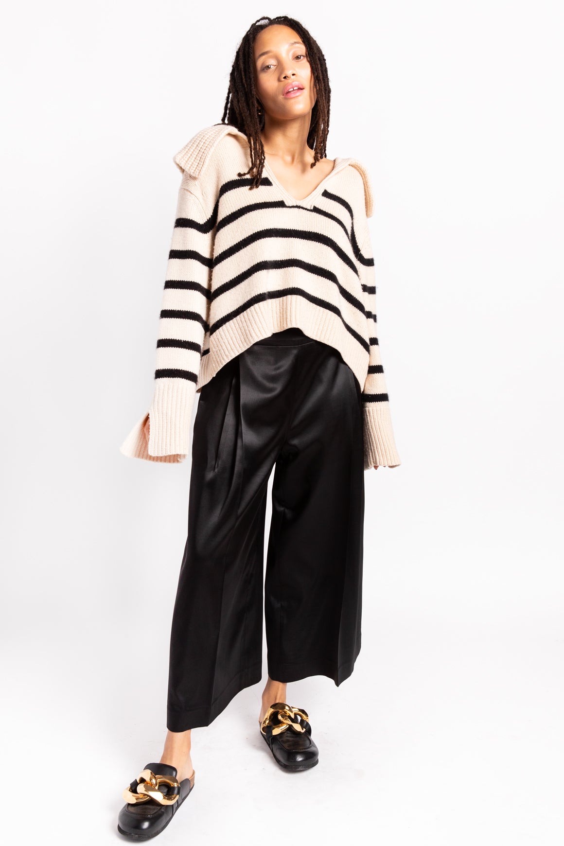 KHAITE Cream and Black Striped Collared Sweater