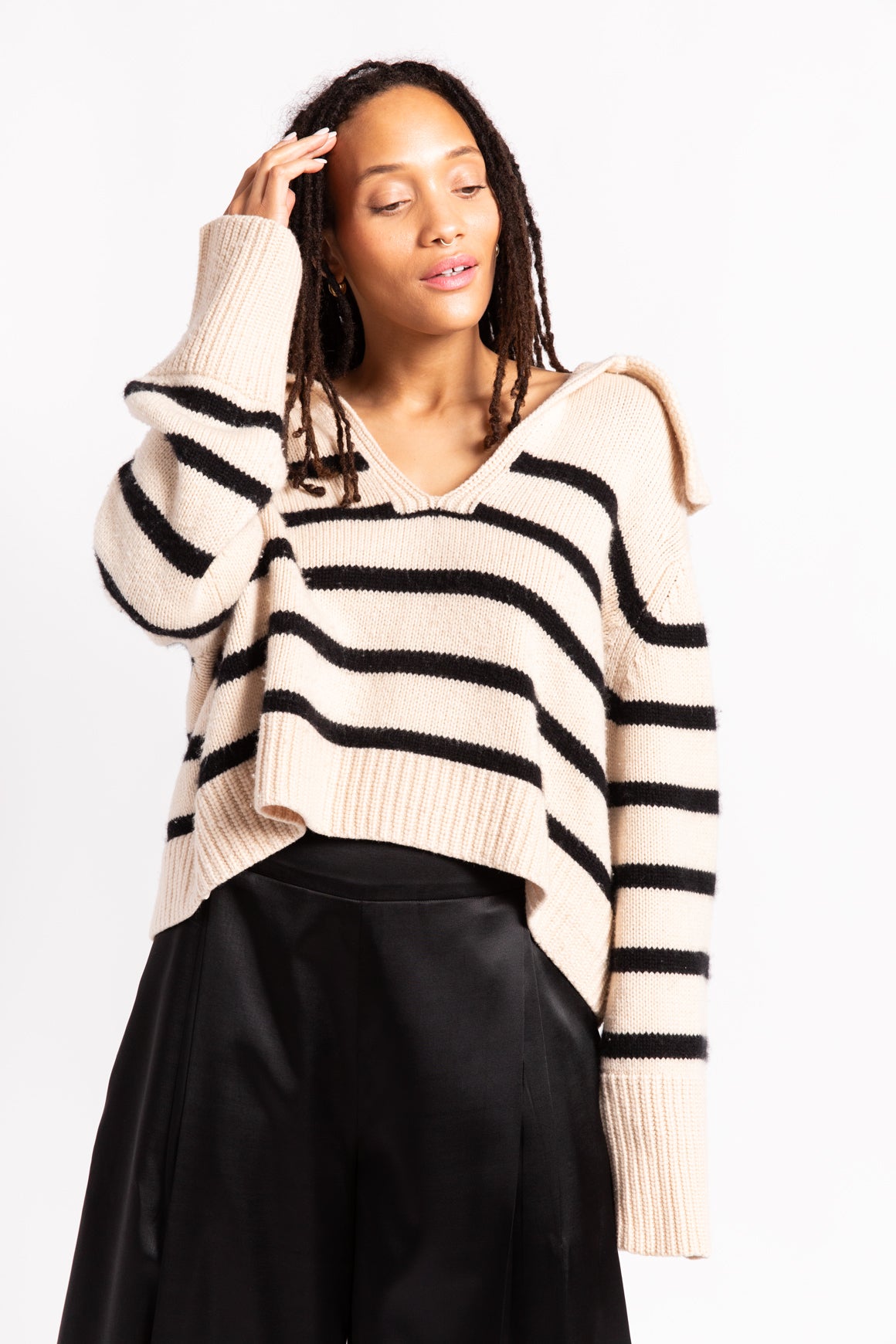 KHAITE Cream and Black Striped Collared Sweater