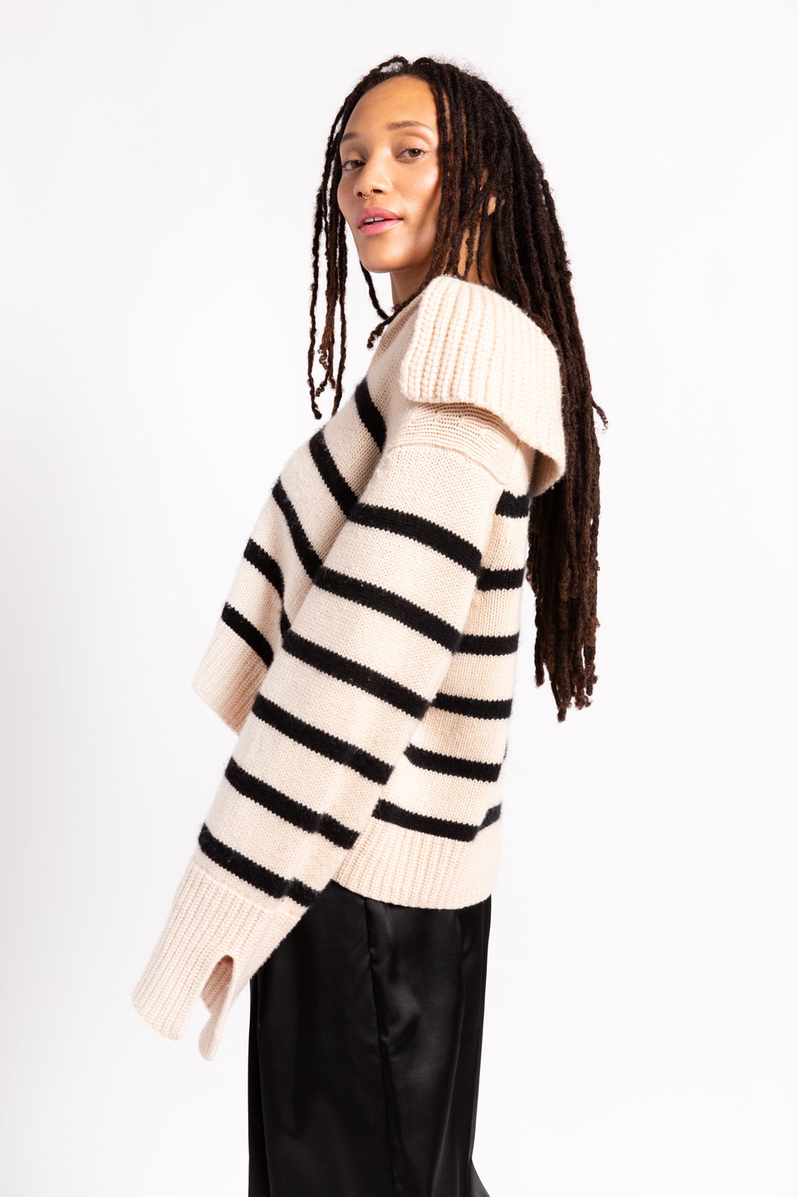 KHAITE Cream and Black Striped Collared Sweater