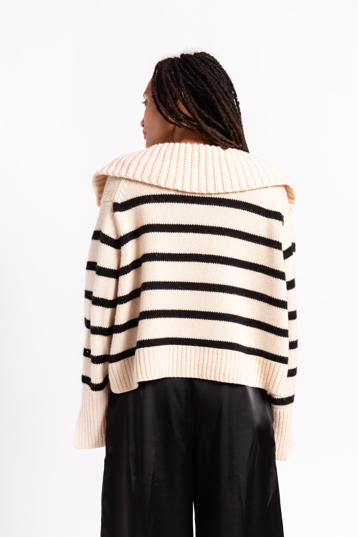 KHAITE Cream and Black Striped Collared Sweater