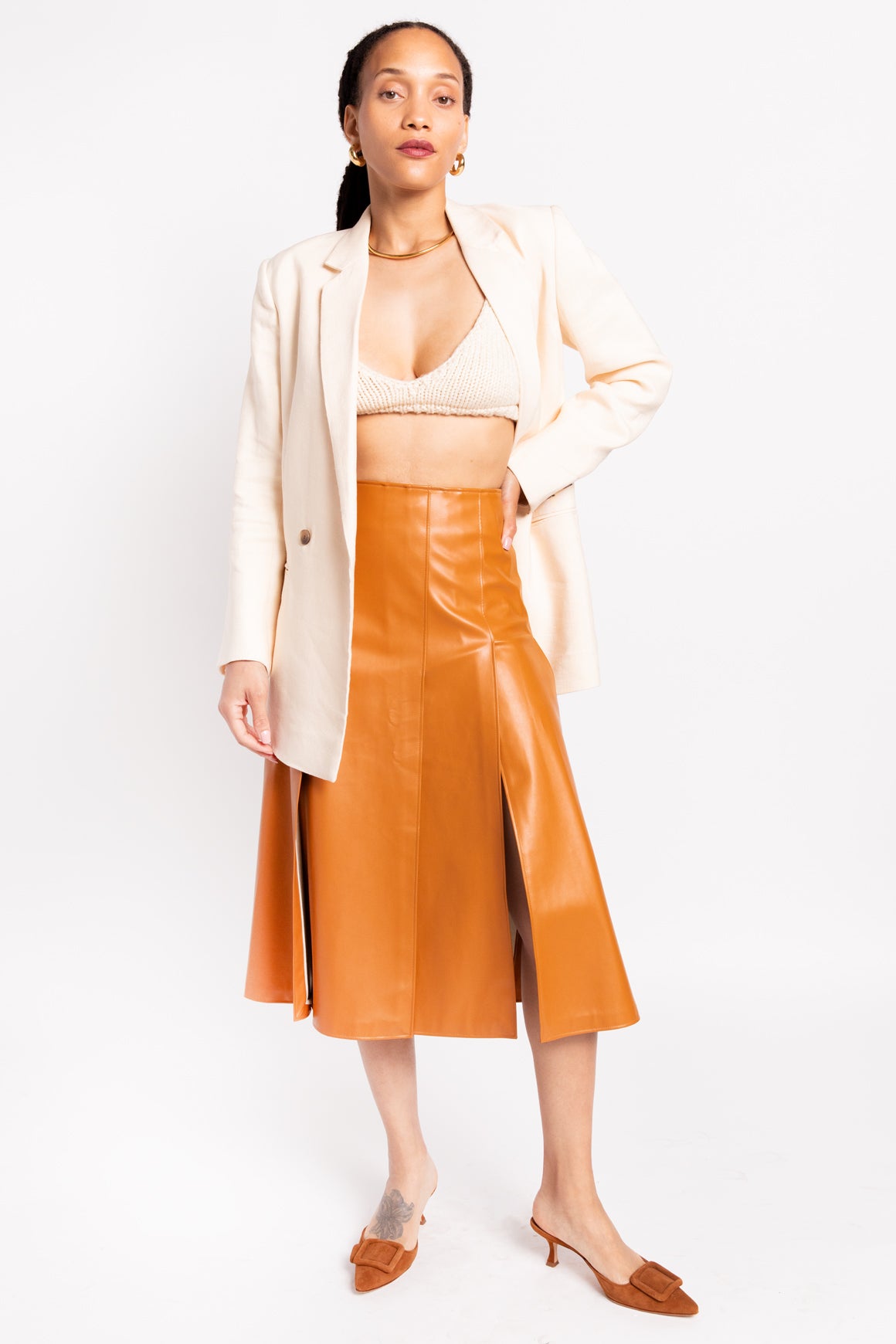 A.W.A.K.E. MODE Orange Vegan Leather Midi Skirt