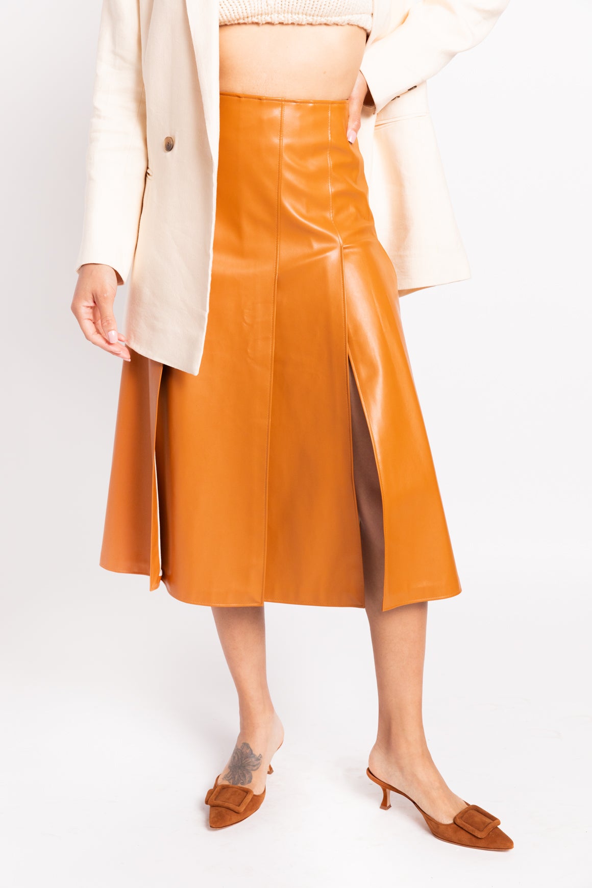 A.W.A.K.E. MODE Orange Vegan Leather Midi Skirt