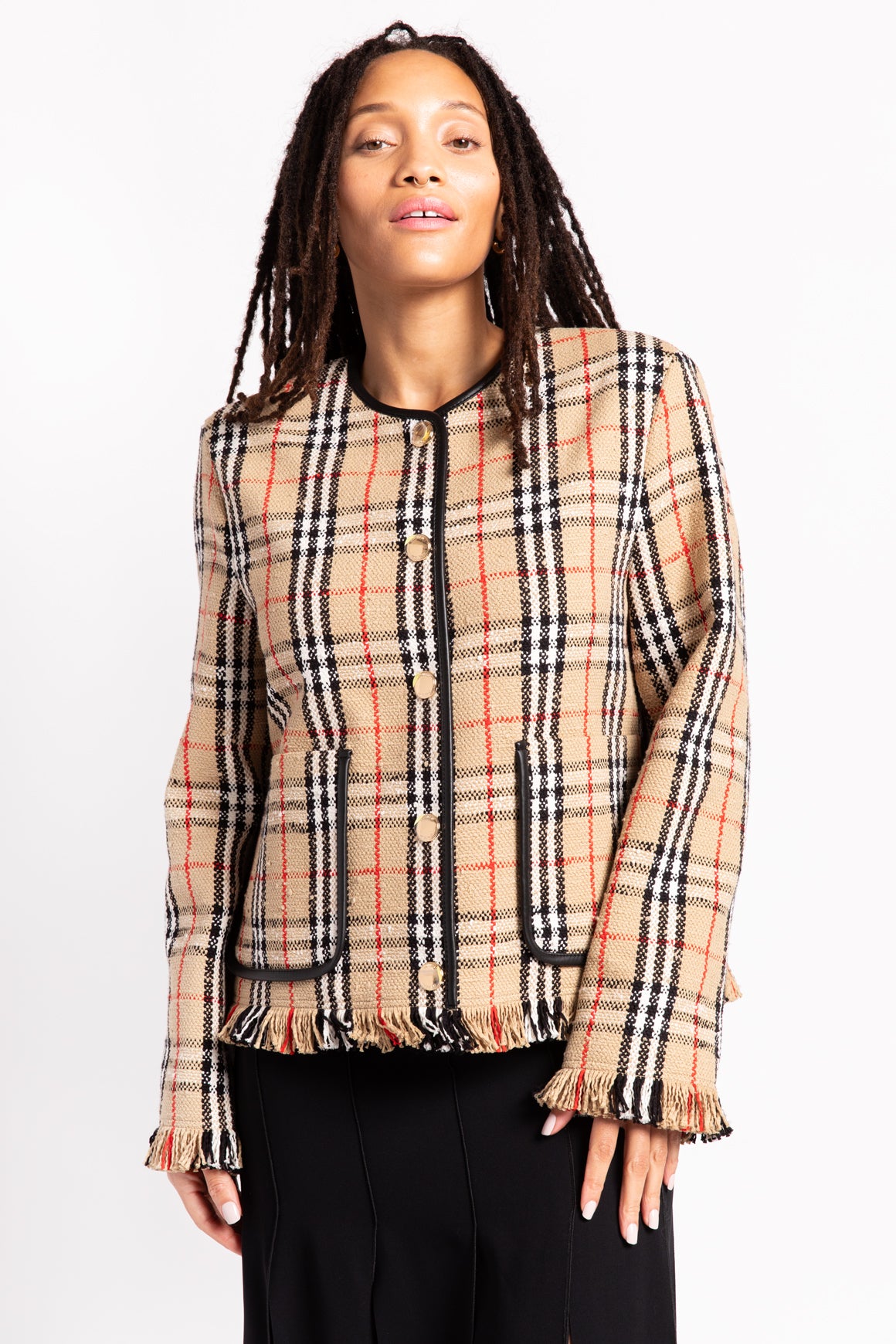 BURBERRY Tan Checked Collarless Jacket