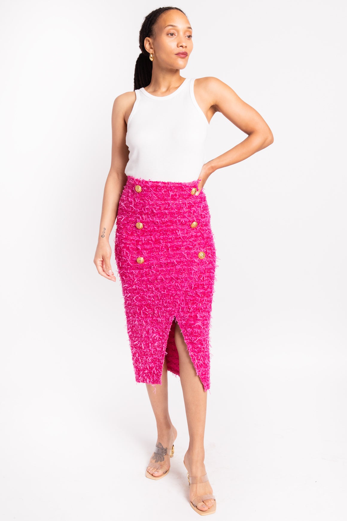 BALMAIN x Barbie Pink Metallic Tweed Midi Skirt