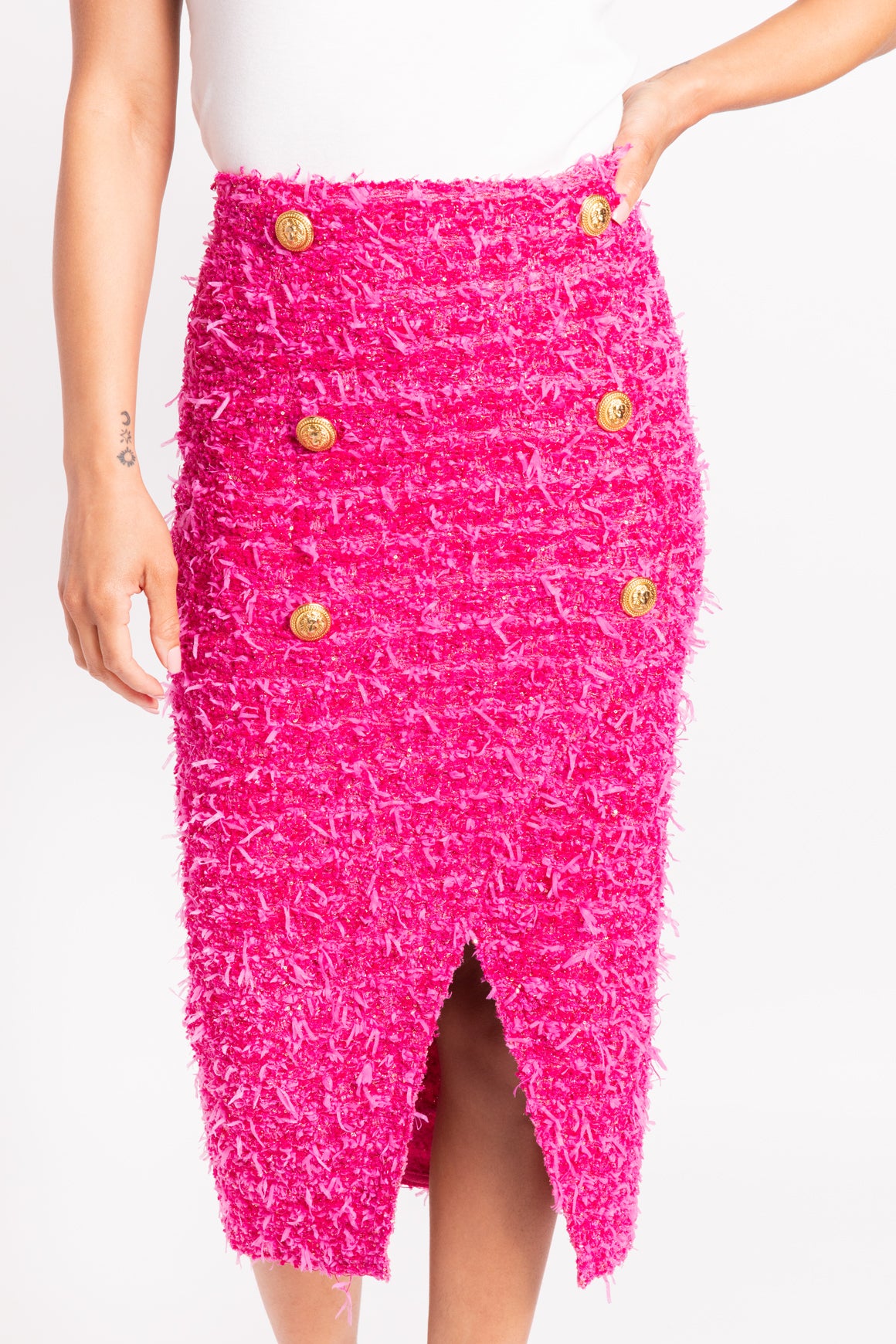 BALMAIN x Barbie Pink Metallic Tweed Midi Skirt