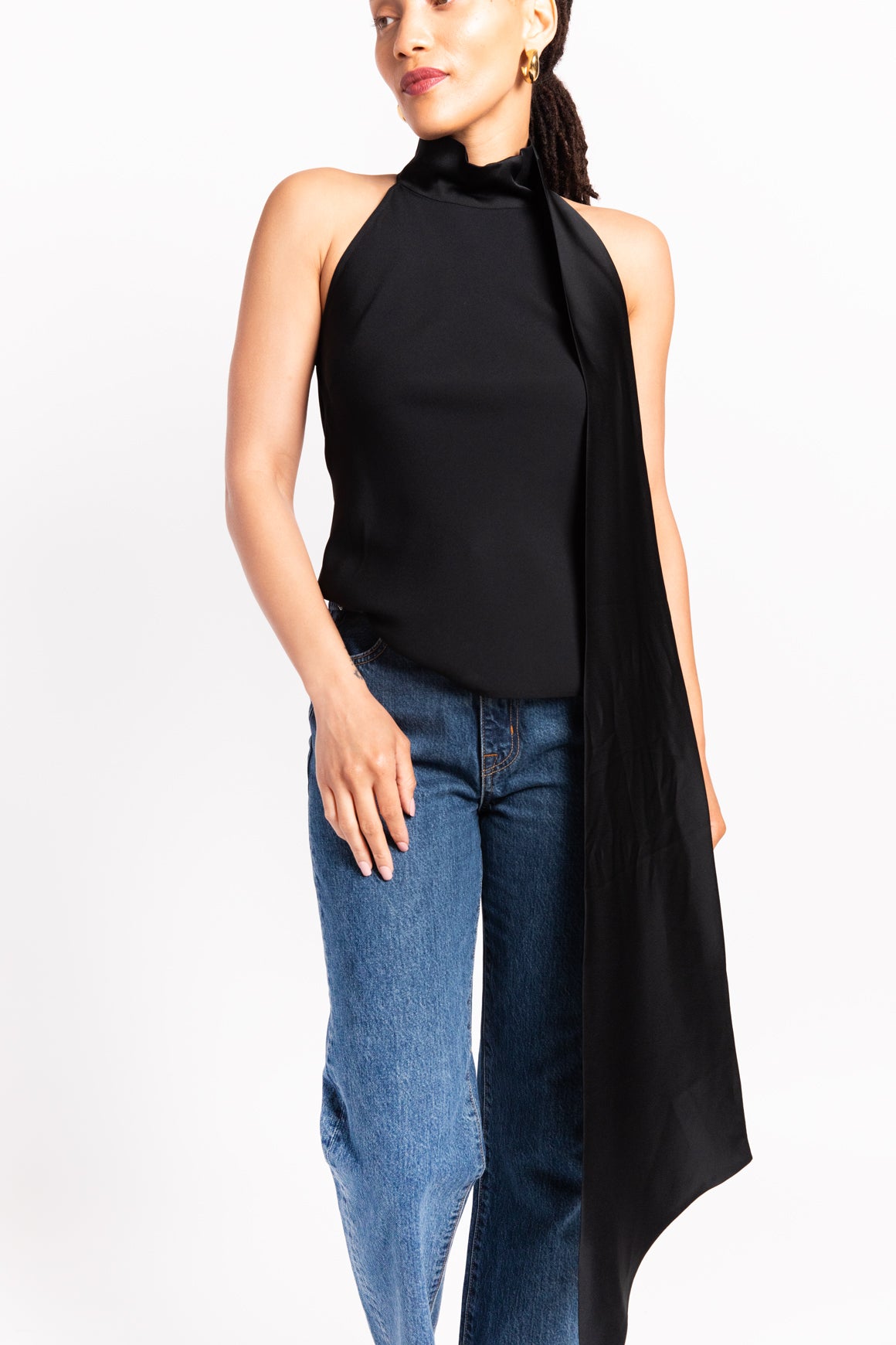 TALLER MARMO Black Mock Neck Scarf Top