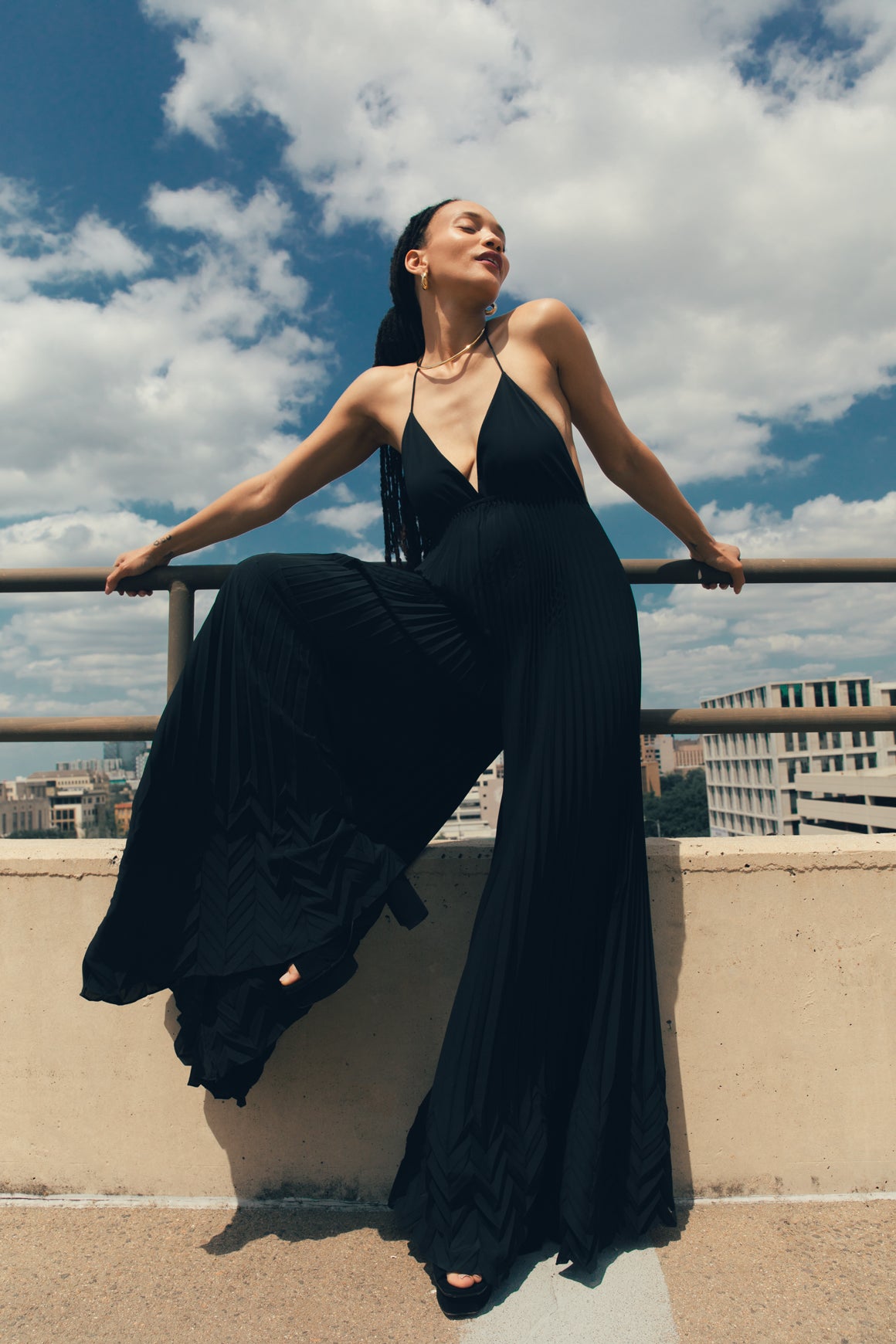 ALICE + OLIVIA Black "Adalyn" Pleated Halter Jumpsuit