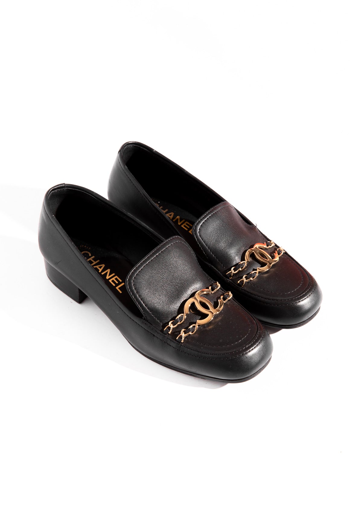 CHANEL Black Leather Gold CC Chain Loafers (Sz. 36.5)