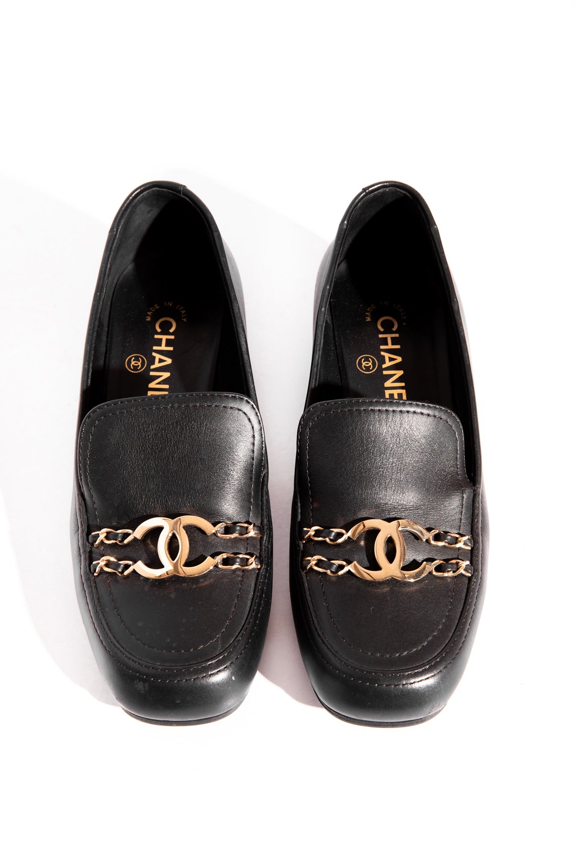 CHANEL Black Leather Gold CC Chain Loafers (Sz. 36.5)
