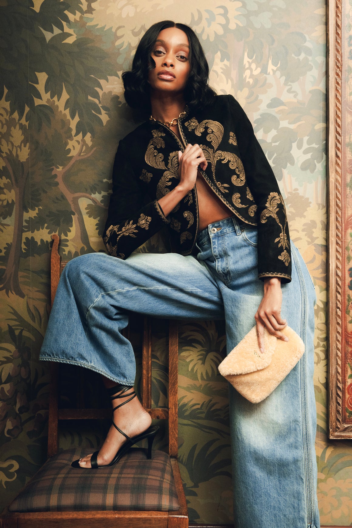 CELINE Black Suede & Gold Embroidered Crop Bolero Jacket (Sz.34/XS)