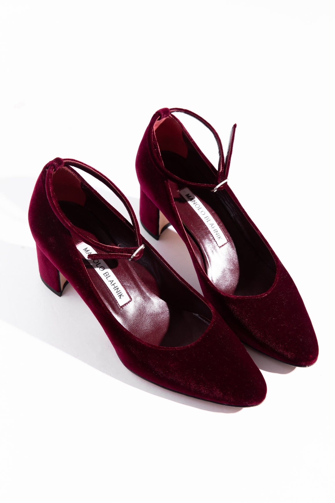 MANOLO BLAHNIK Maroon Velvet Ankle Strap Block Heels (Sz. 36)