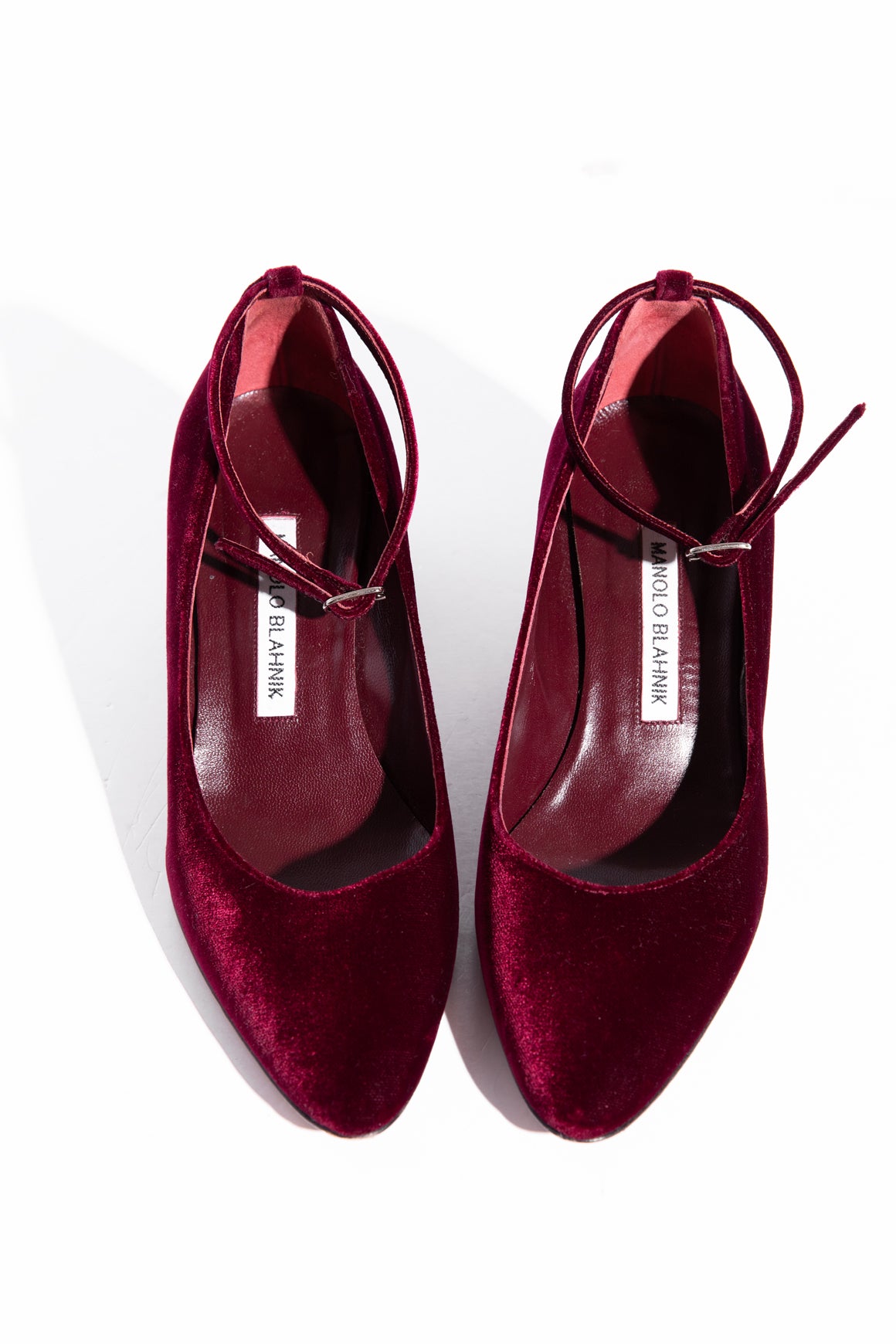 MANOLO BLAHNIK Maroon Velvet Ankle Strap Block Heels (Sz. 36)