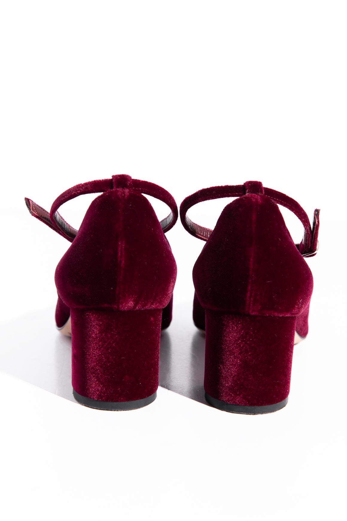 MANOLO BLAHNIK Maroon Velvet Ankle Strap Block Heels (Sz. 36)