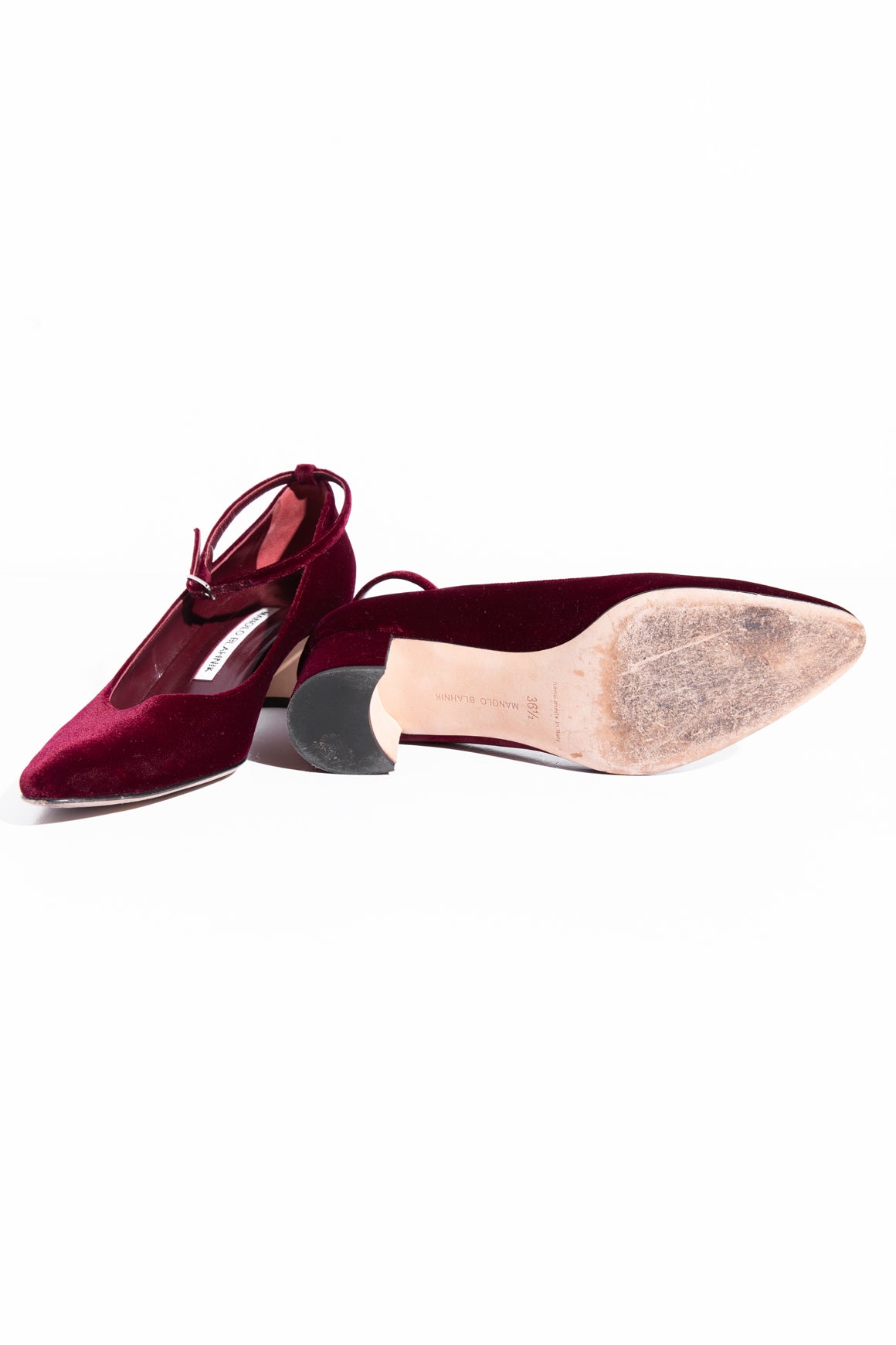 MANOLO BLAHNIK Maroon Velvet Ankle Strap Block Heels (Sz. 36)