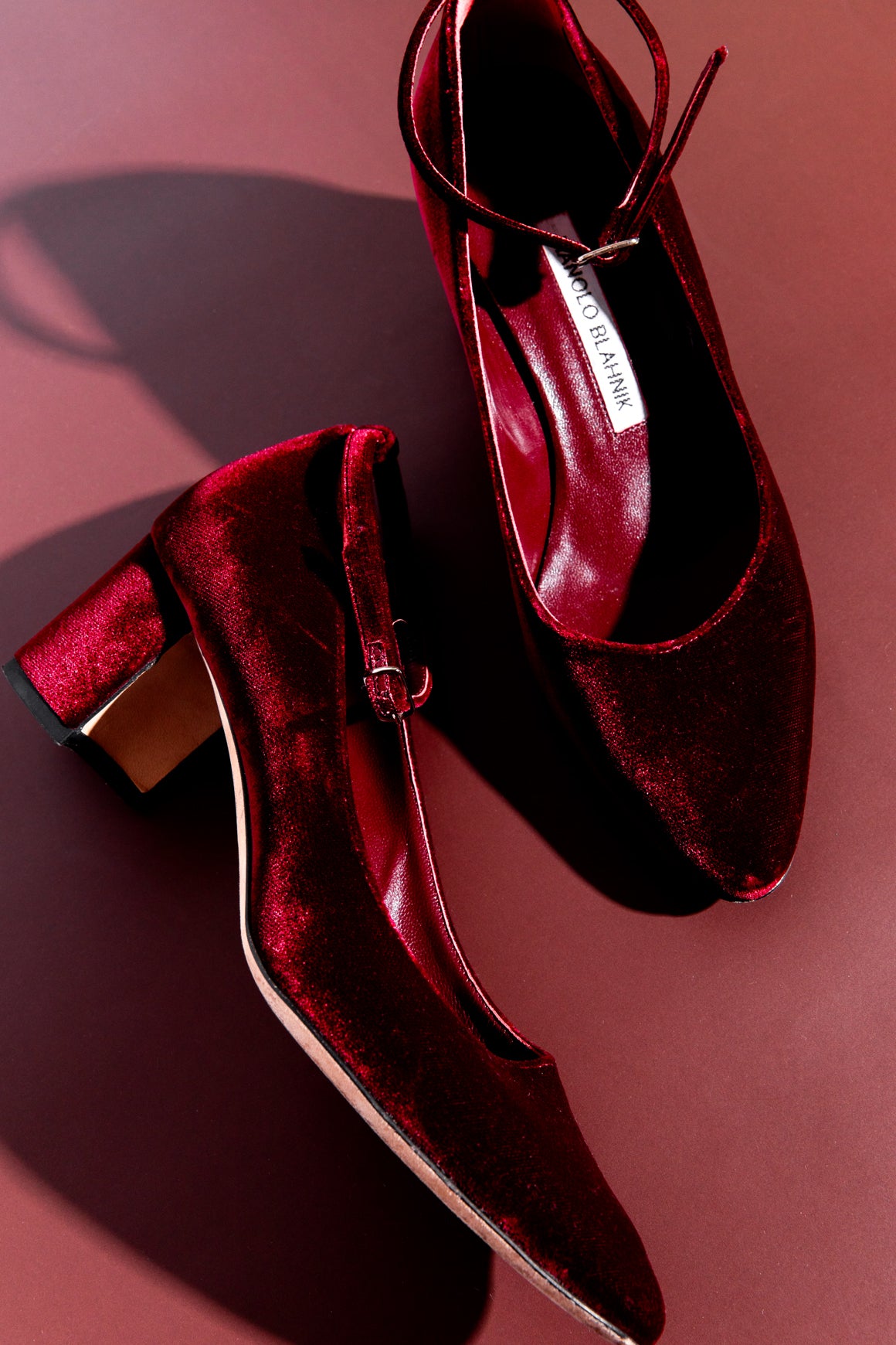 MANOLO BLAHNIK Maroon Velvet Ankle Strap Block Heels (Sz. 36)