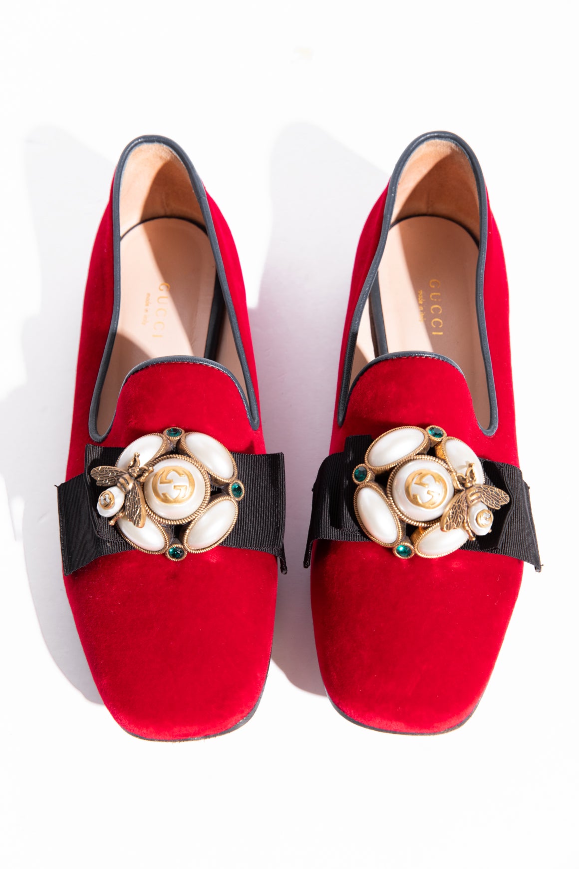 GUCCI Red Velvet Etoile Pearl Loafers (Sz. 36.5)