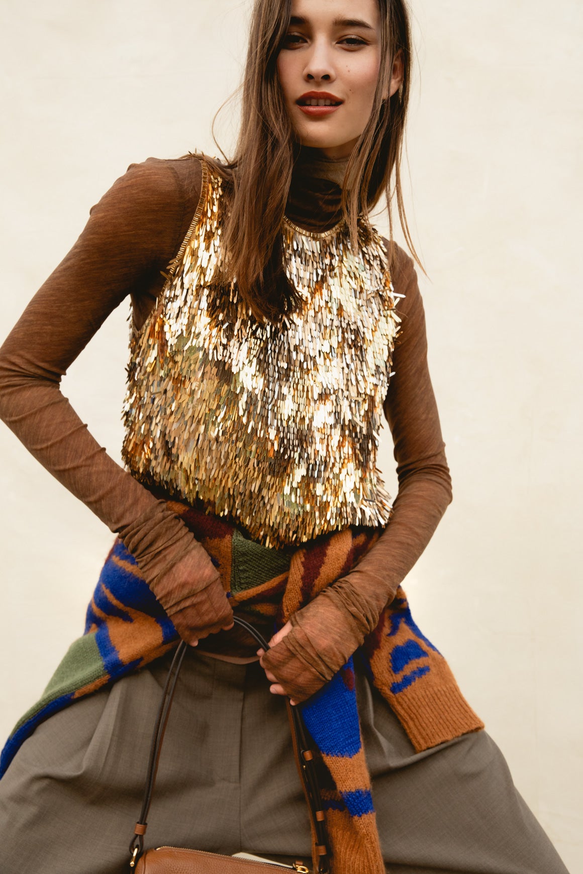 PHILOSOPHY Woodgrain Mesh Turtleneck Top (Sz. S)