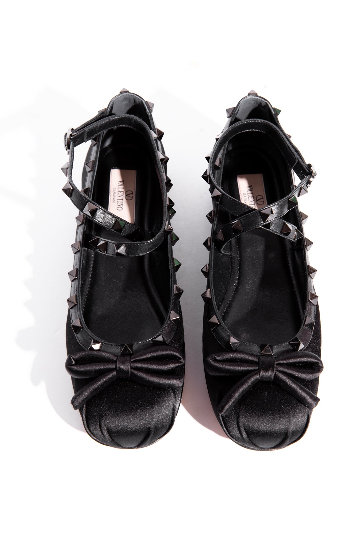 VALENTINO Black Satin Rockstud Ballerina Flats (Sz. 38.5)