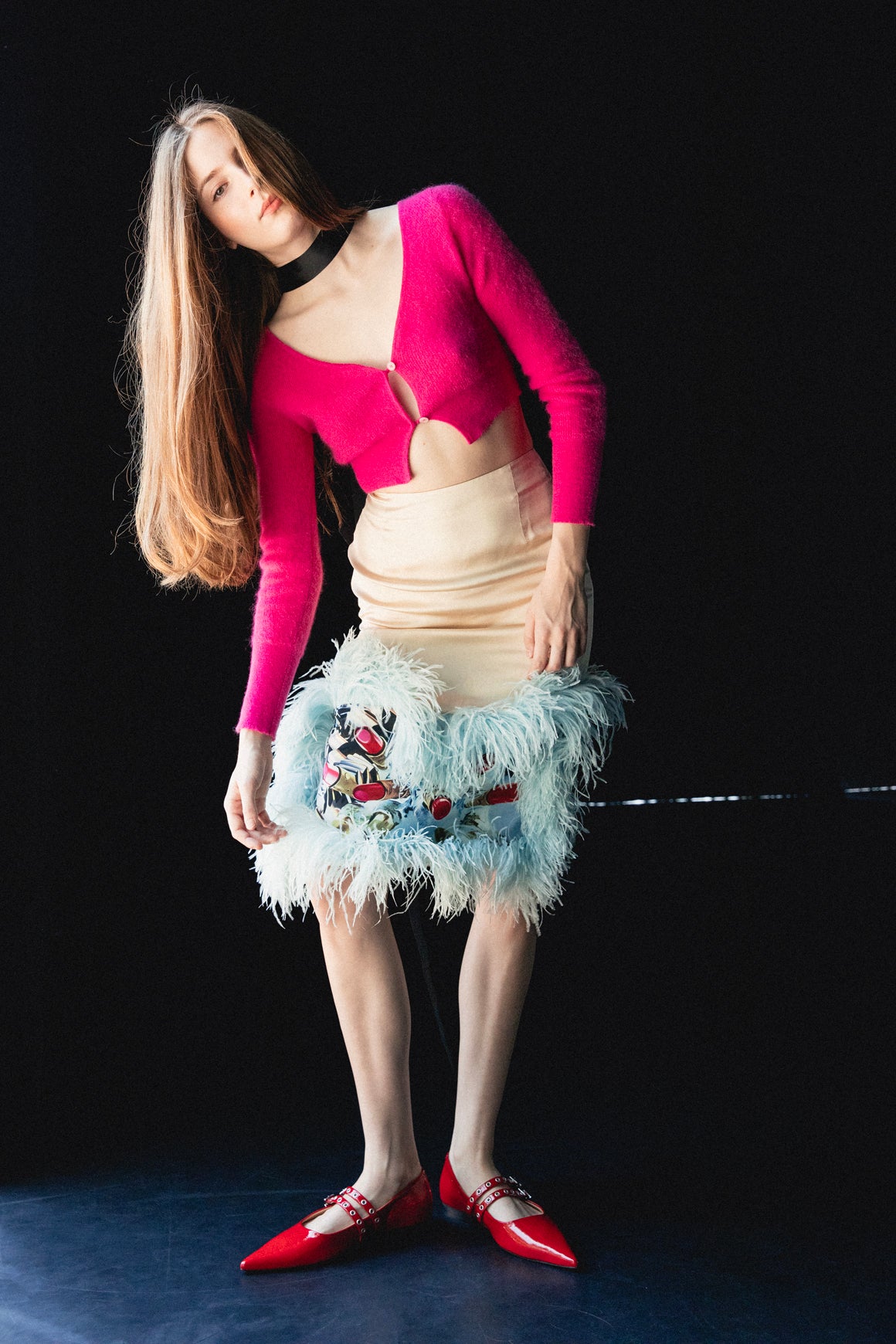 LANVIN Cream & Blue Feather Skirt (Sz. XS)