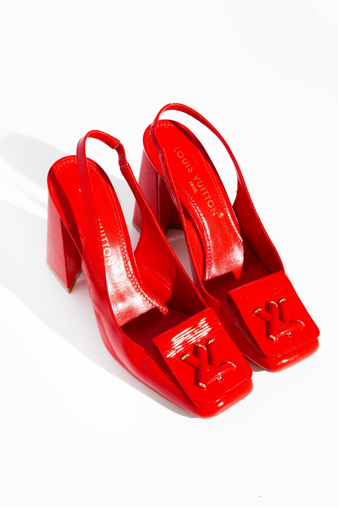 LOUIS VUITTON Red Epi "Lock Me" Slingback Heels (Sz.40)