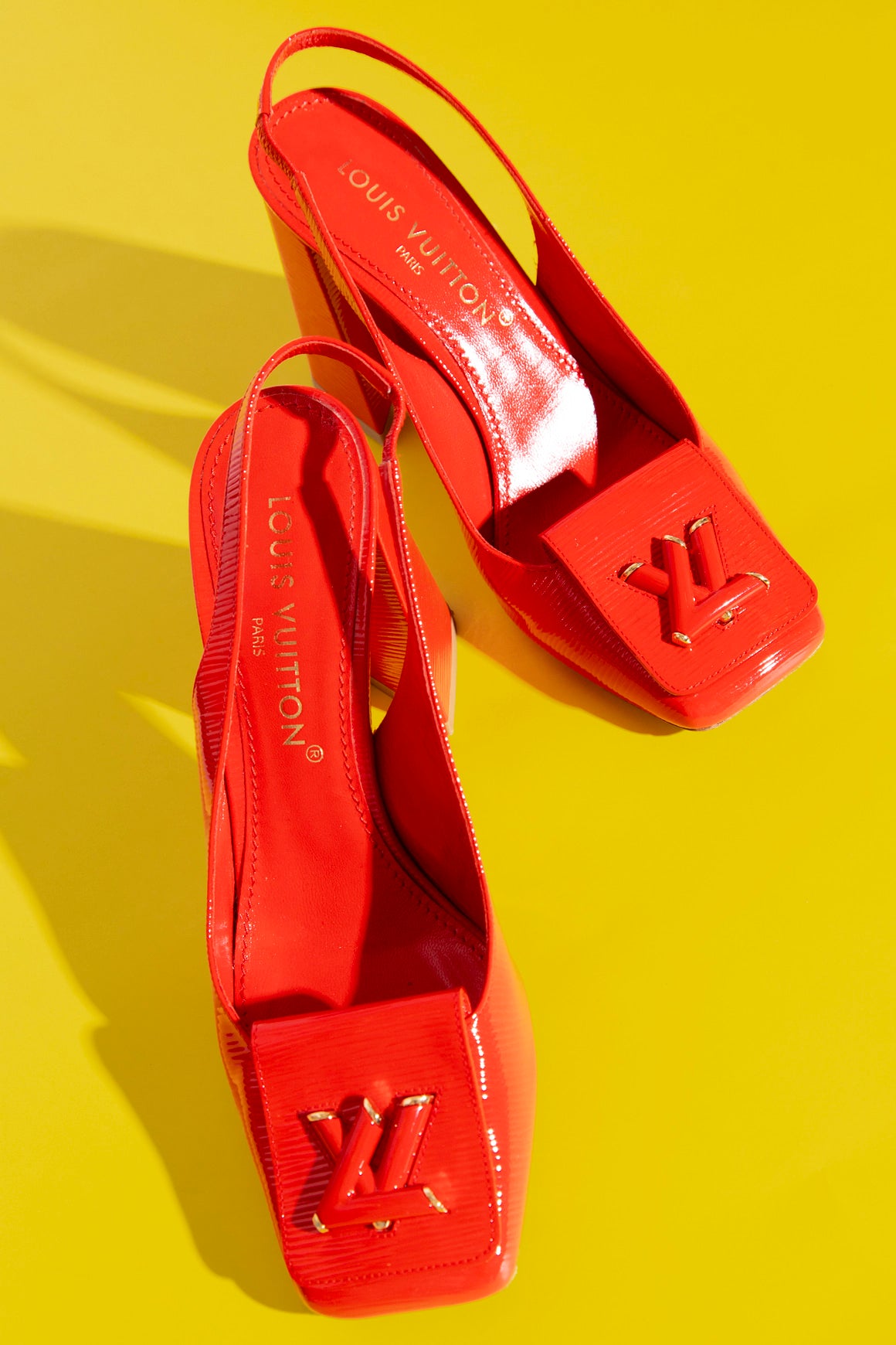LOUIS VUITTON Red Epi "Lock Me" Slingback Heels (Sz.40)