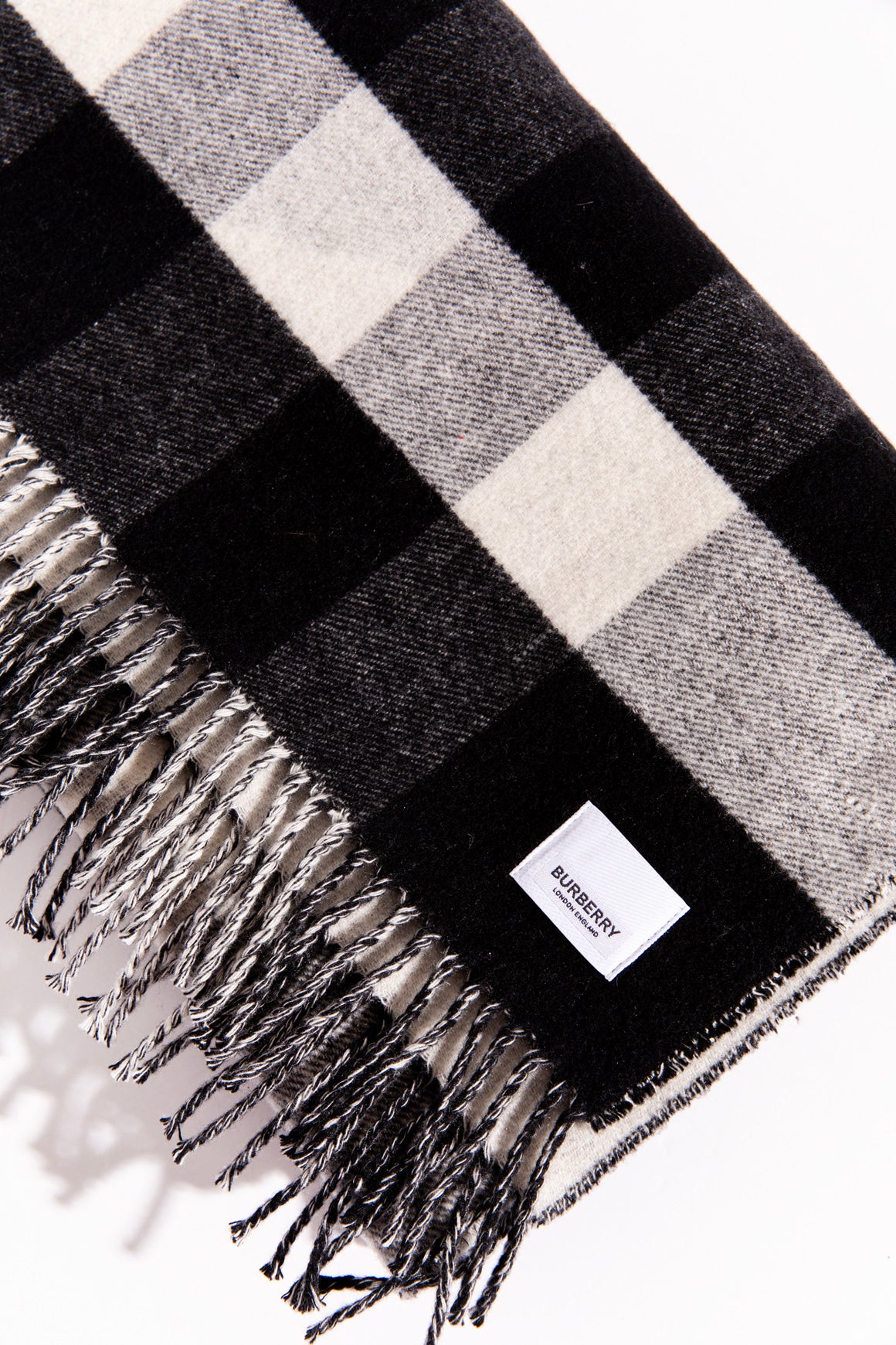BURBERRY Black & White Plaid Cashmere Large Scarf
