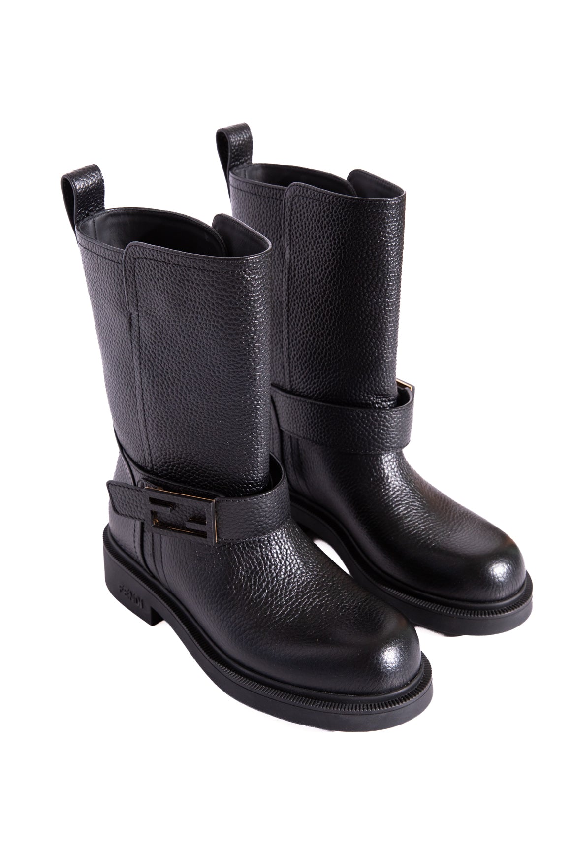 FENDI Black Leather Biker Boots W/ Baguette Buckle (Sz. 36)
