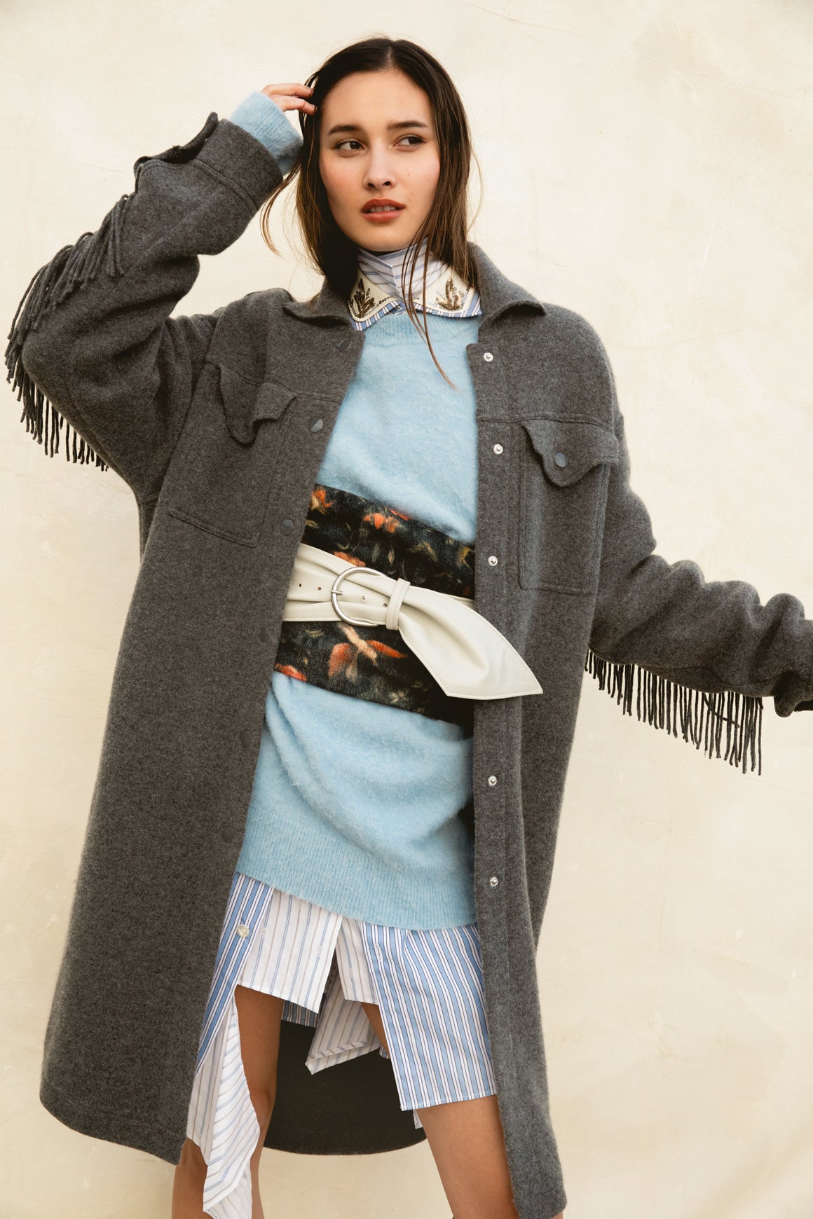 WHITE + WARREN Grey Cashmere Fringe Back Knit Coat (Sz. S)