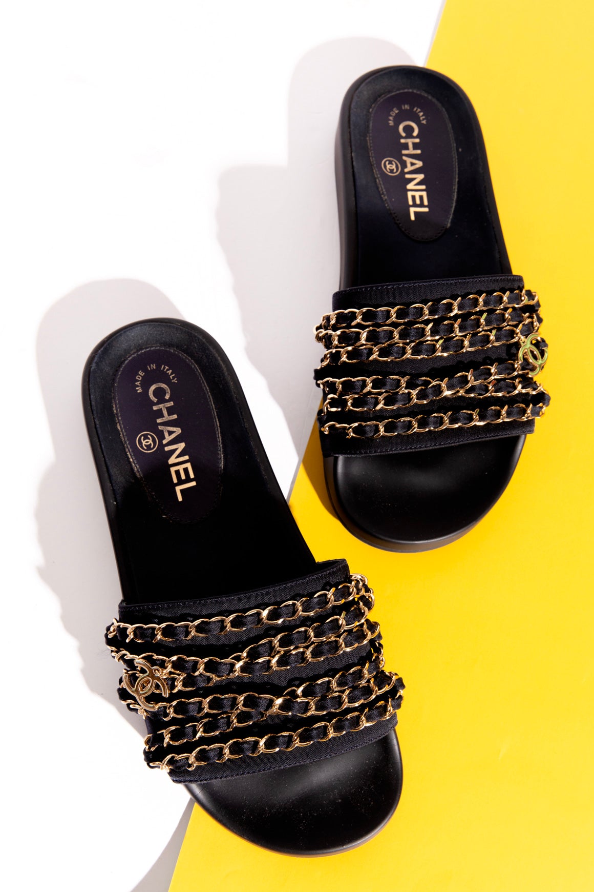 CHANEL Navy & Gold Chain Logo Charm Slides (Sz. 37)