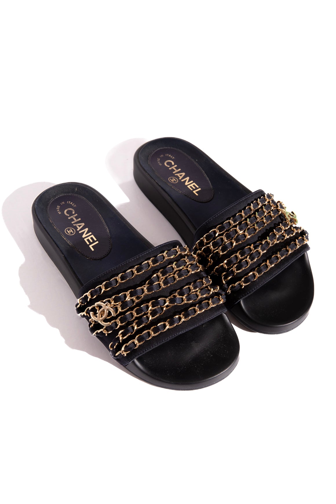 CHANEL Navy & Gold Chain Logo Charm Slides (Sz. 37)