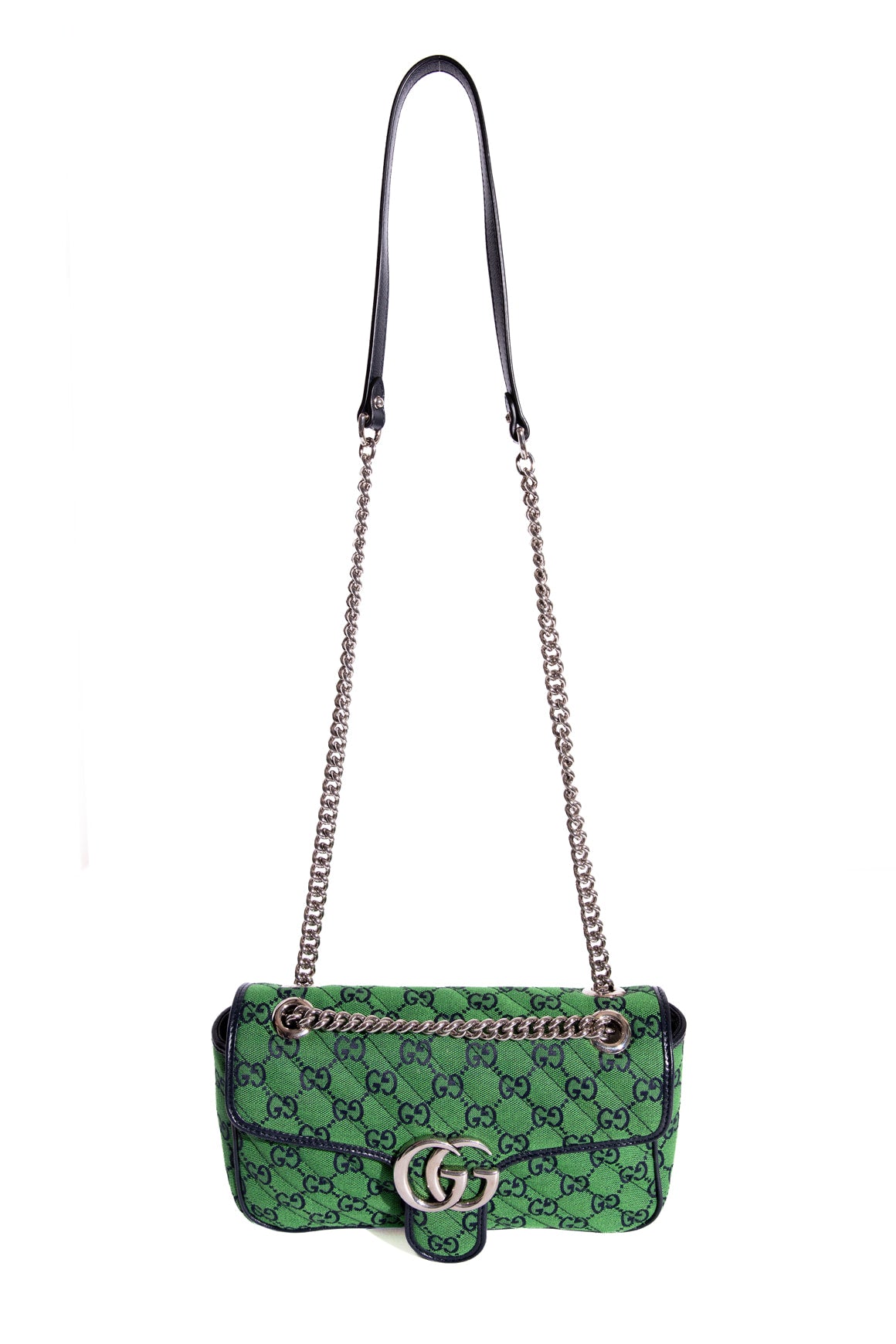 GUCCI Green & Navy Canvas Matelasse Diagonal GG Marmont Bag