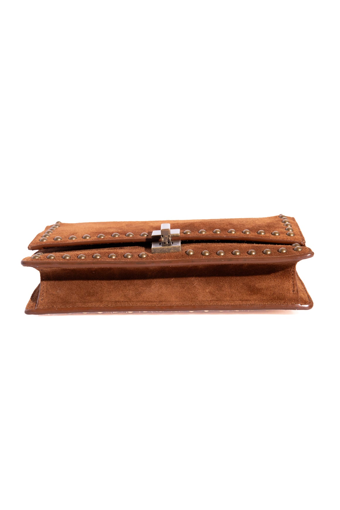 SAINT LAURENT Tan Suede Brass Grommet Flap Bag