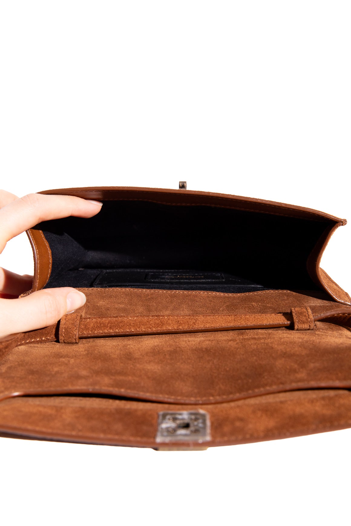 SAINT LAURENT Tan Suede Brass Grommet Flap Bag
