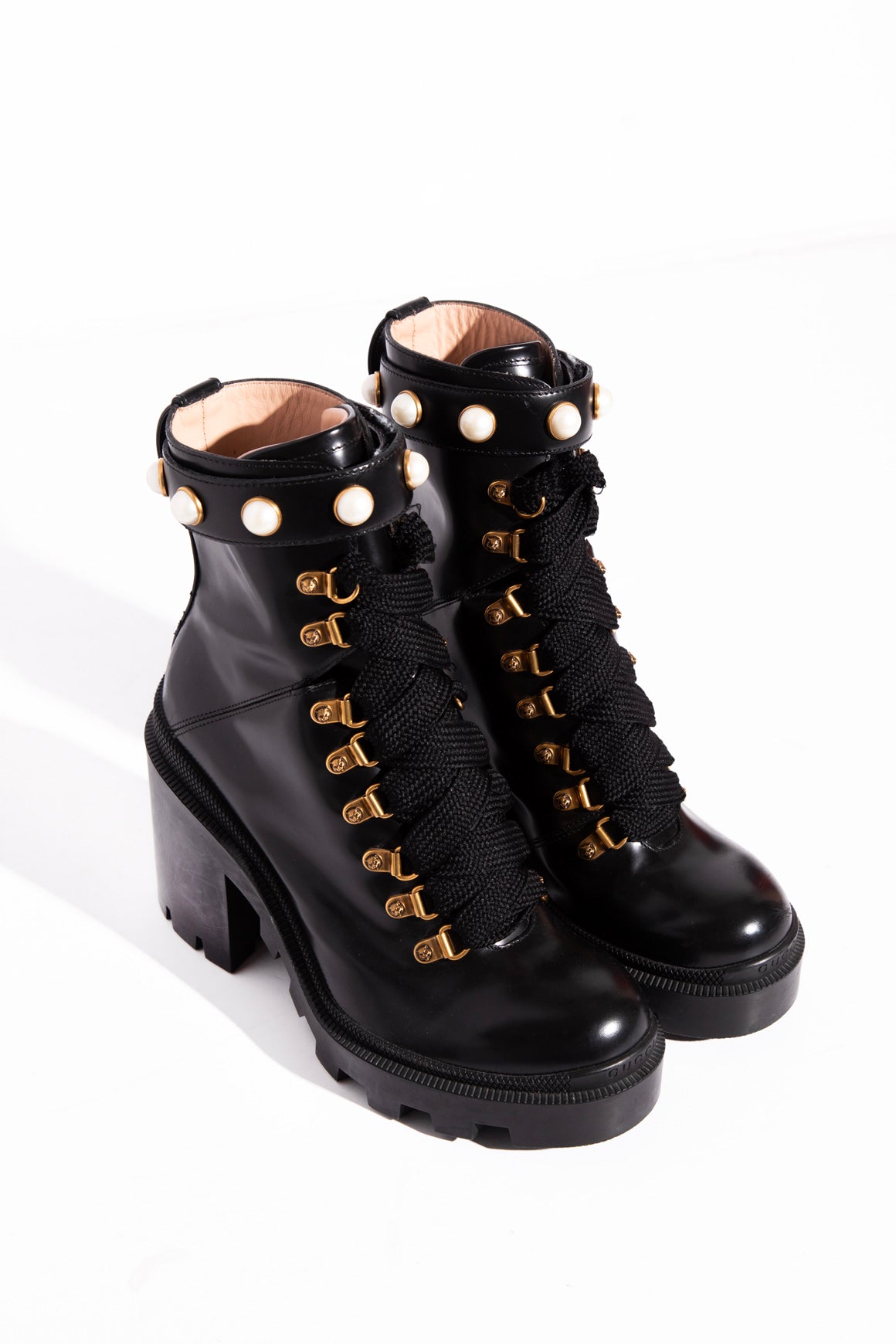 GUCCI Lace-Up Pearl Combat Heeled Boots (Sz.37) | MOSS Consignment
