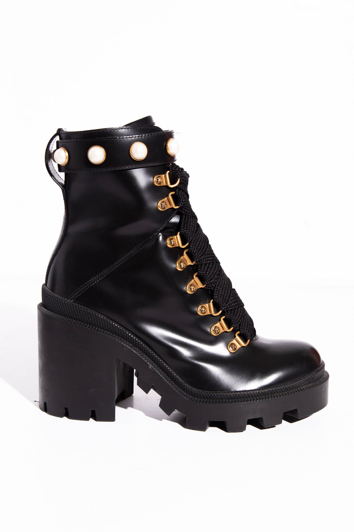 GUCCI Lace-Up Pearl Combat Heeled Boots (Sz.37) | MOSS Consignment
