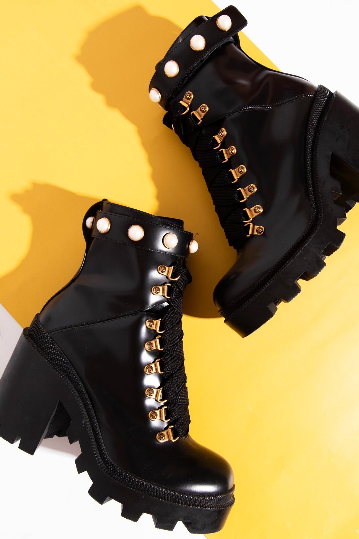 GUCCI Lace-Up Pearl Combat Heeled Boots (Sz.37) | MOSS Consignment