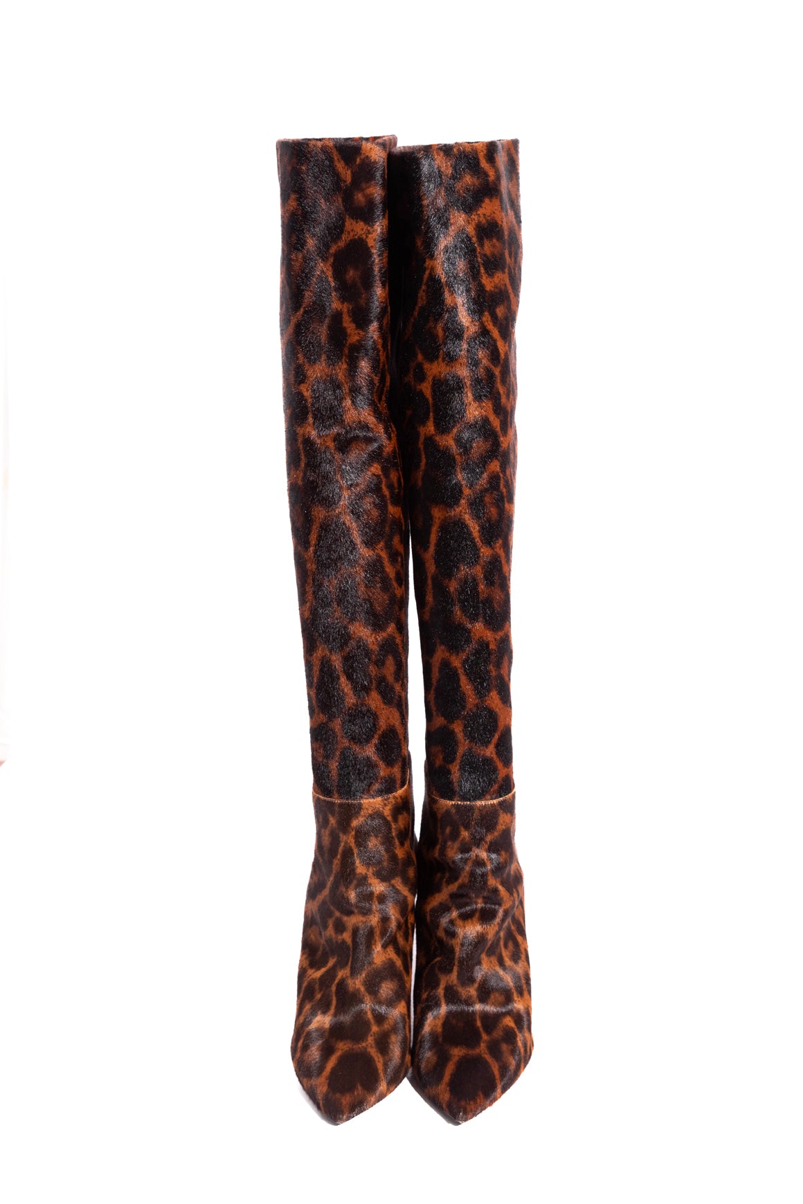 SAINT LAURENT Leopard Mohair Over The Knee Triangle Heel Boot (Sz.37.5)