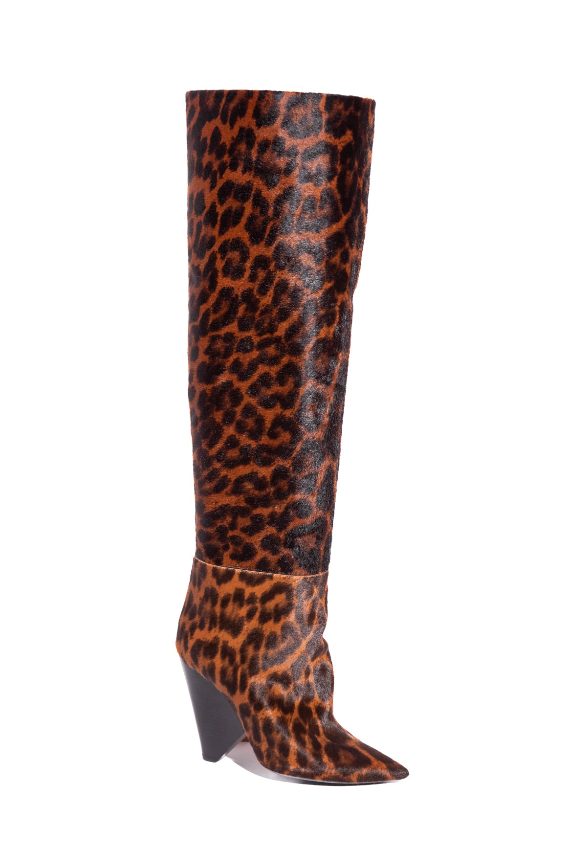 SAINT LAURENT Leopard Mohair Over The Knee Triangle Heel Boot (Sz.37.5)